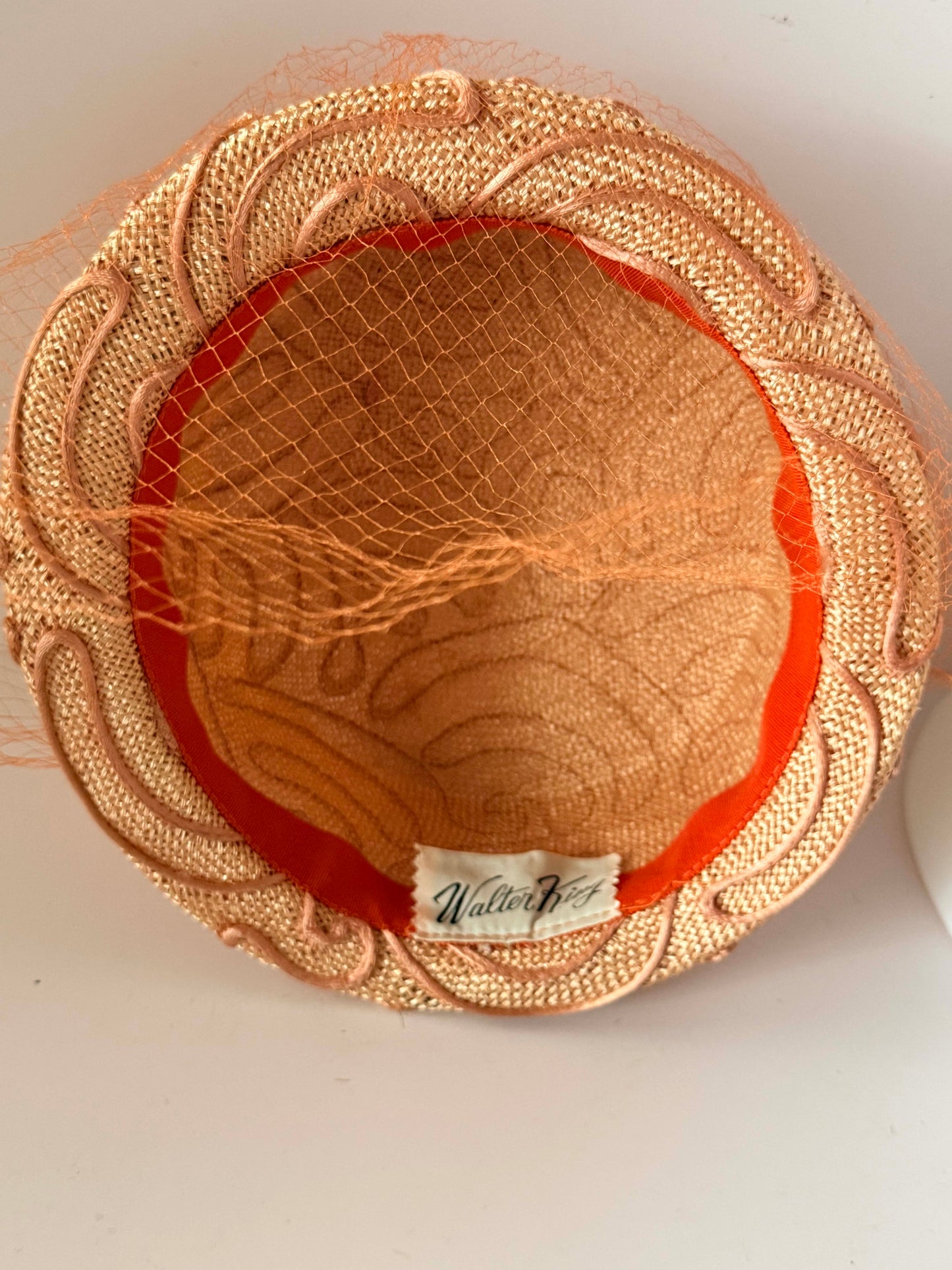 Vintage Walter King Veiled Pillbox Hat | Peach Straw Cocktail Hat | 1950s Sculptural Pillbox | Mid Century Wedding Hat