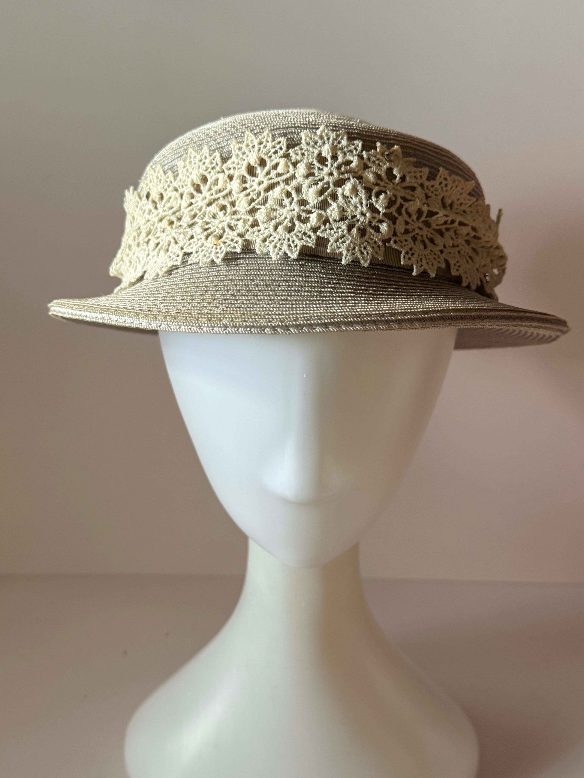 Vintage Gray Breton Hat | 1960s Woven Straw Hat with Ivory Lace Trim | Mod Women's Hat | Garden Party | Derby Hat