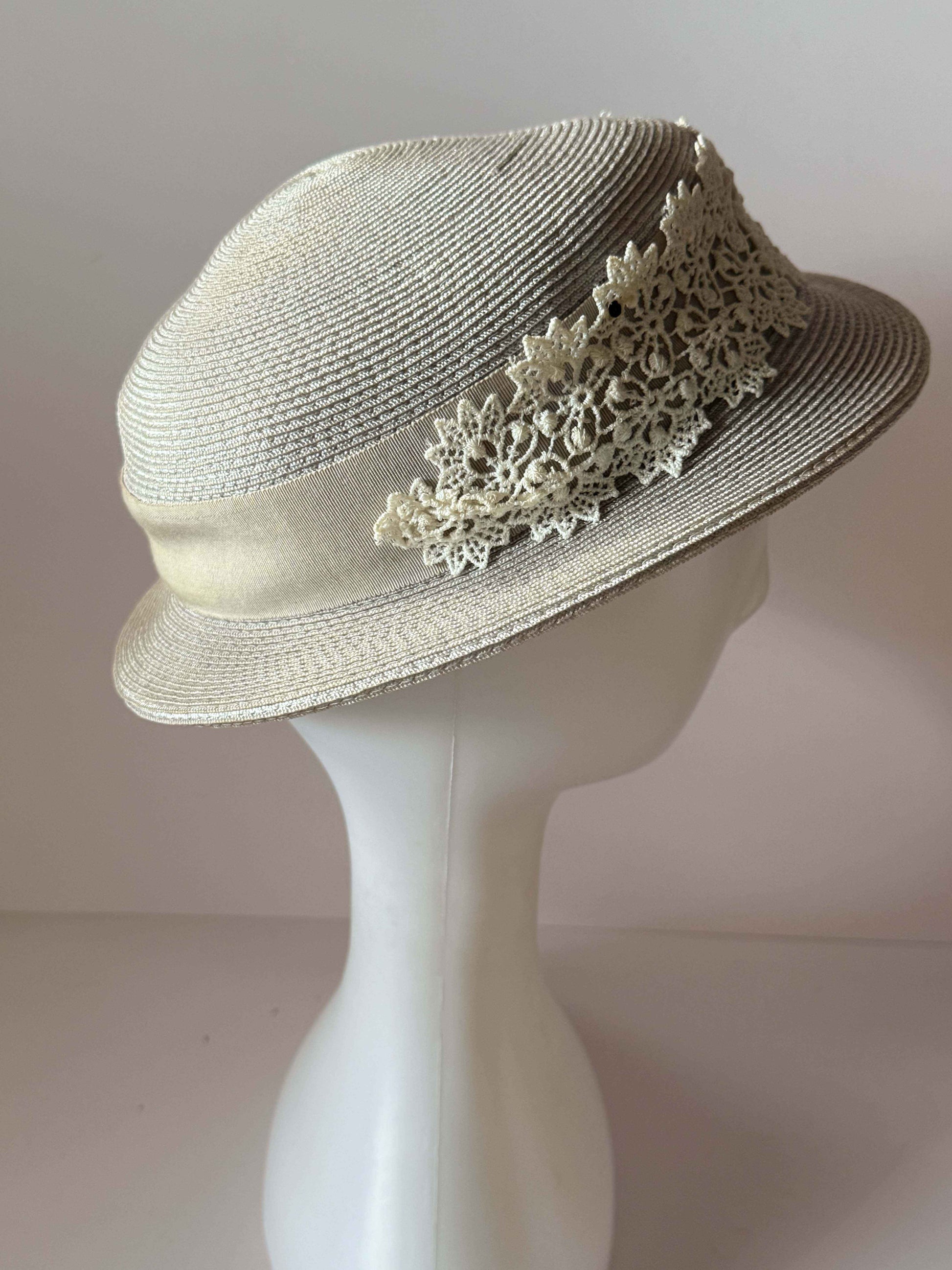 Vintage Gray Breton Hat | 1960s Woven Straw Hat with Ivory Lace Trim | Mod Women's Hat | Garden Party | Derby Hat