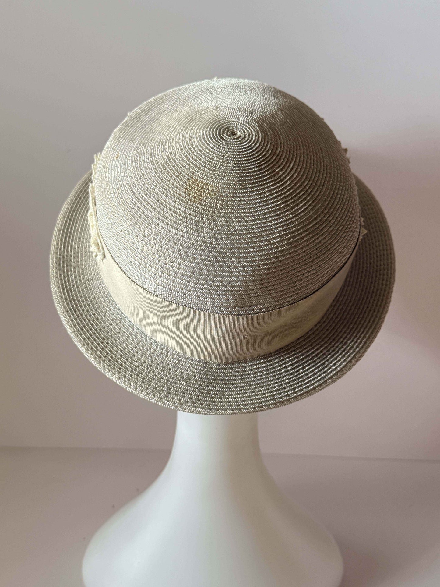 Vintage Gray Breton Hat | 1960s Woven Straw Hat with Ivory Lace Trim | Mod Women's Hat | Garden Party | Derby Hat