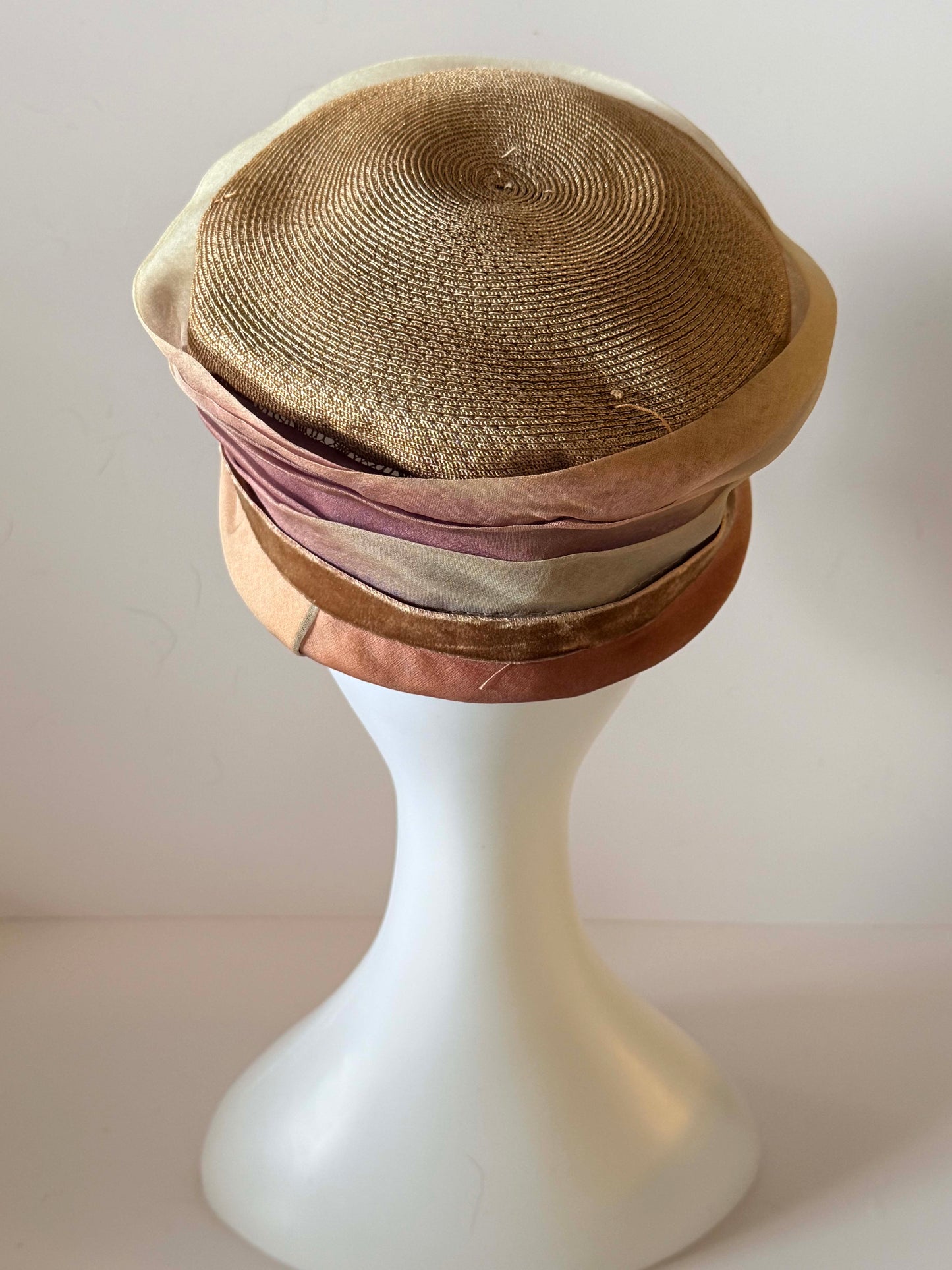 Vintage 1950s Greenlawn New York Straw & Silk Cocktail Hat – Pearl and Rhinestone Velvet Bow