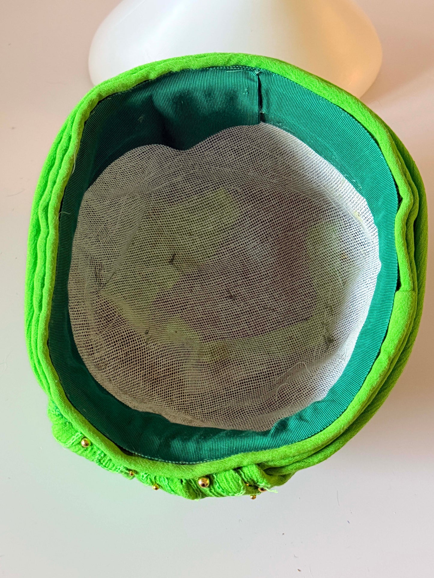 Vintage 1950s Bright Green Structured Turban Hat – Beaded Structured Spring Boho Hat