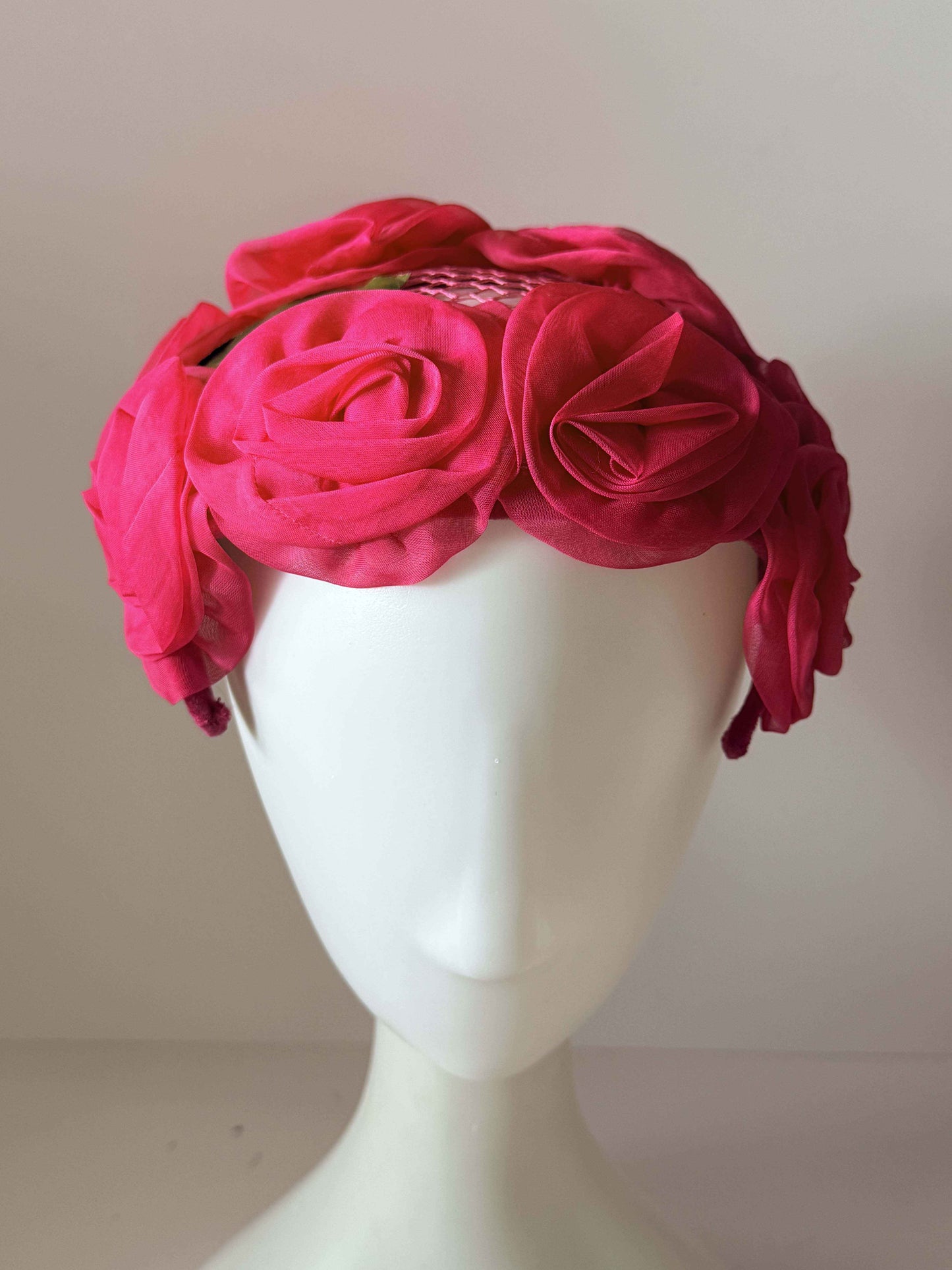 Vintage Pink Floral Half Hat | 1950s Rose Cocktail Hat | Open Crown Fascinator | Garden Party Hat | Women's Vintage Millinery