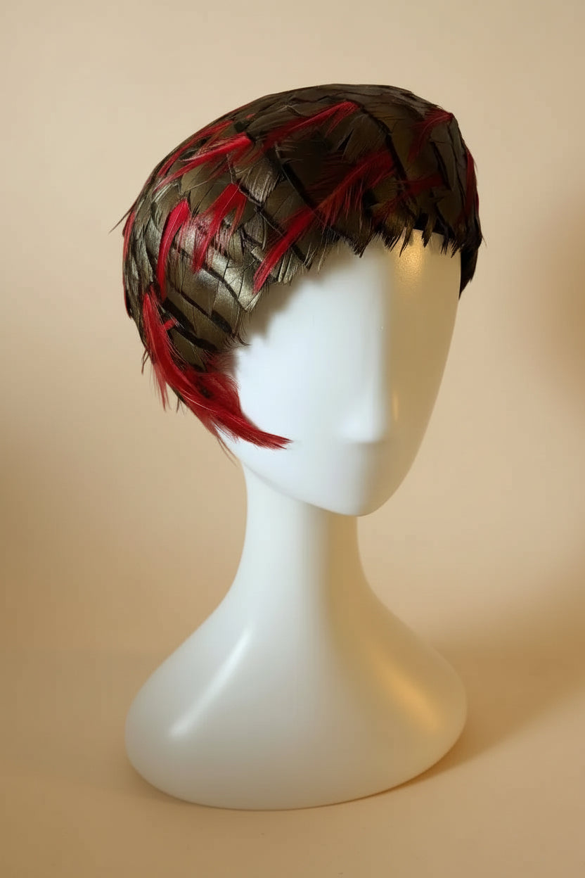Vintage Asymmetrical Feather Cocktail Hat – Brown / Grey Feather Cap with Red Feather Accents