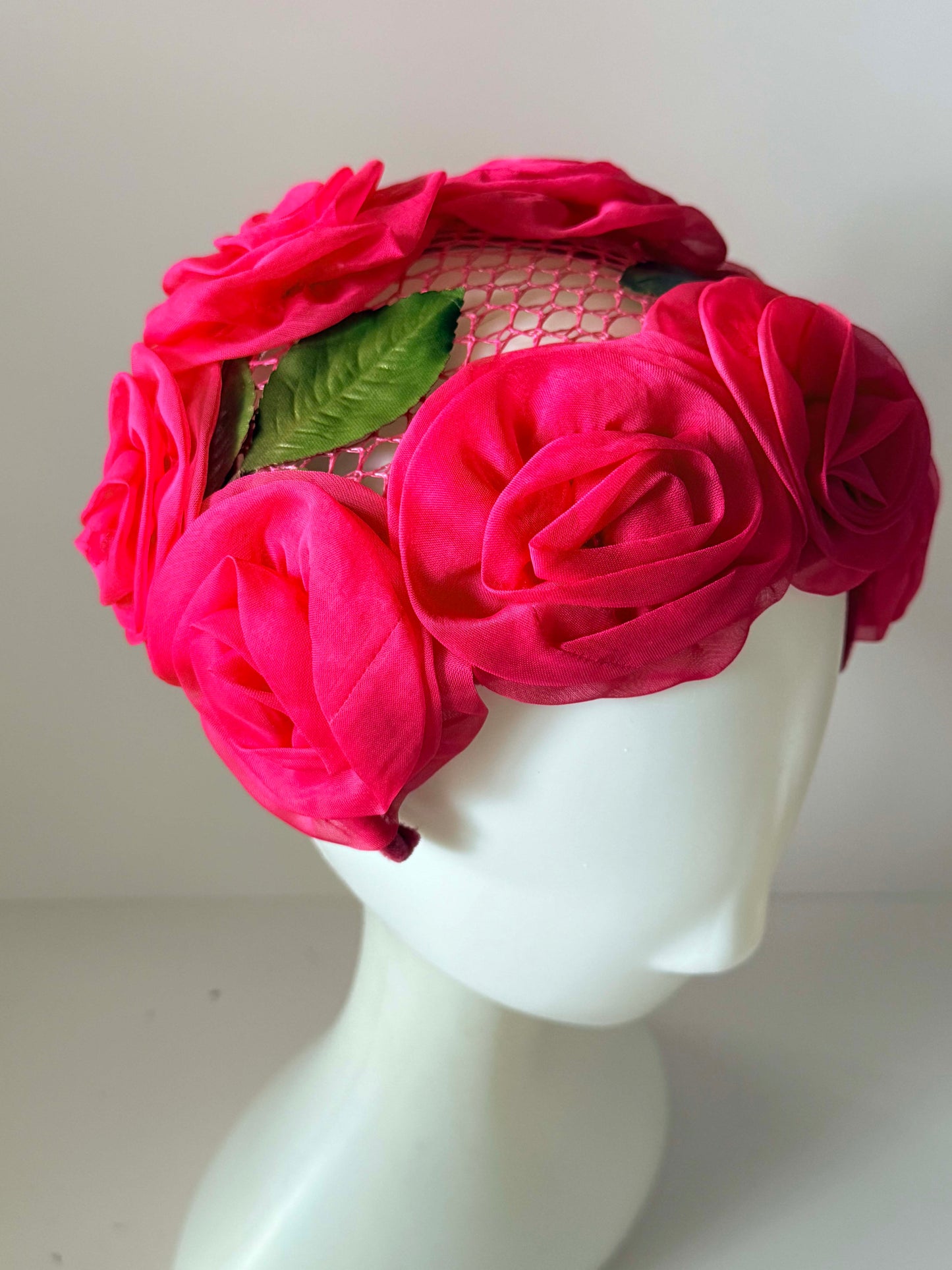 Vintage Pink Floral Half Hat | 1950s Rose Cocktail Hat | Open Crown Fascinator | Garden Party Hat | Women's Vintage Millinery