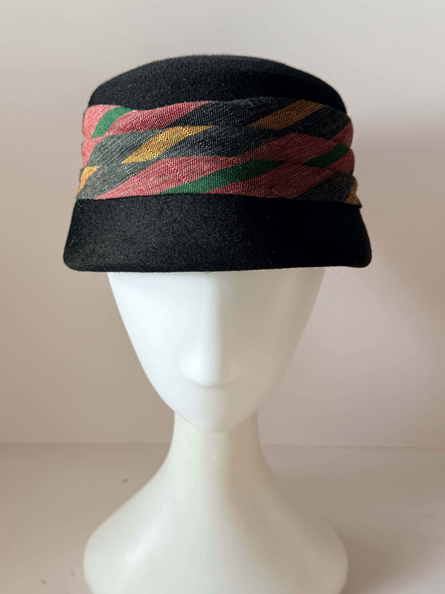 Vintage Black Wool Cloche Hat | 1960s Bell Cloche Hat | Abstract Ribbon Trim | Women's Mod Cocktail Hat | Vintage Millinery