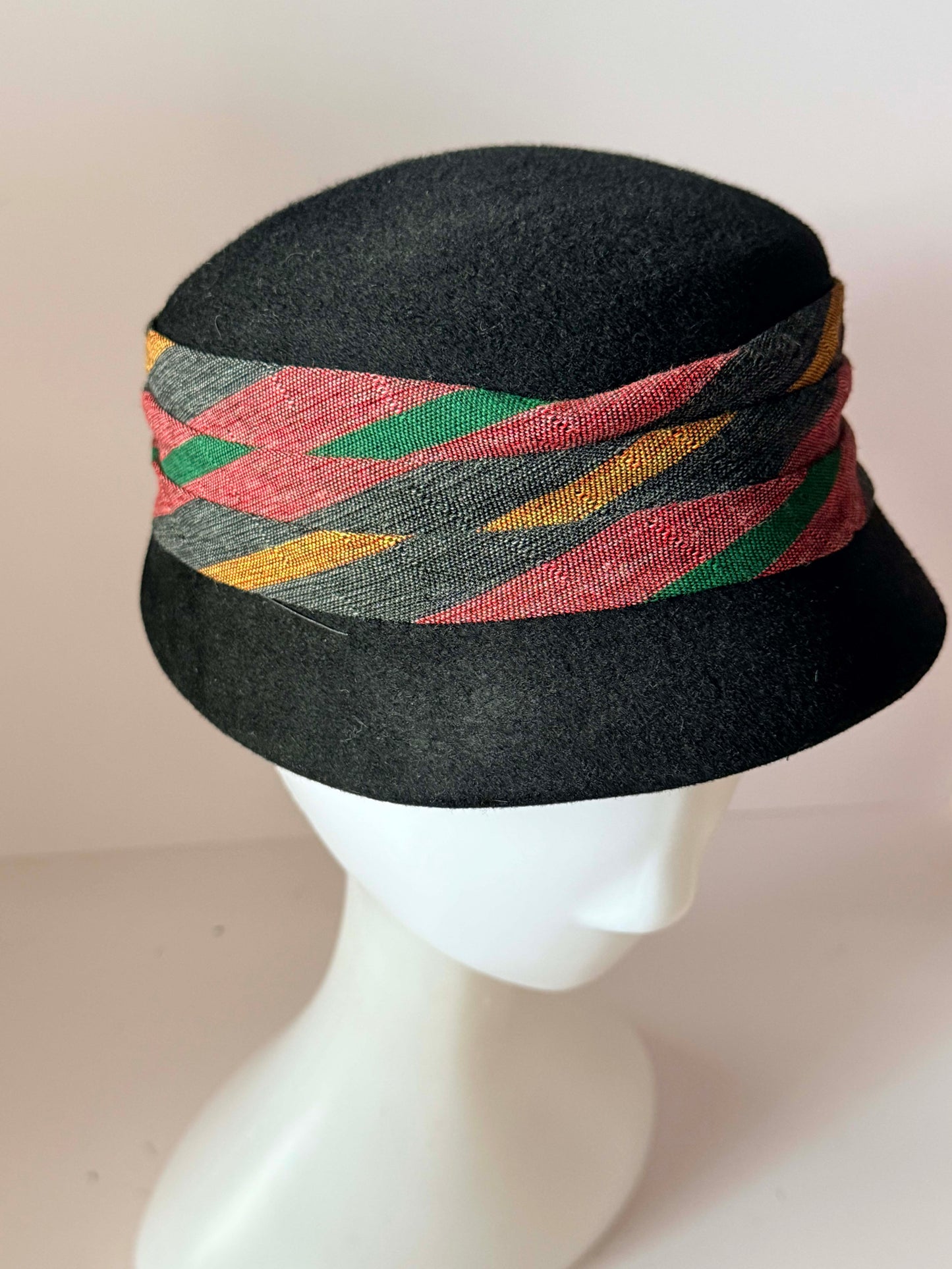 Vintage Black Wool Cloche Hat | 1960s Bell Cloche Hat | Abstract Ribbon Trim | Women's Mod Cocktail Hat | Vintage Millinery