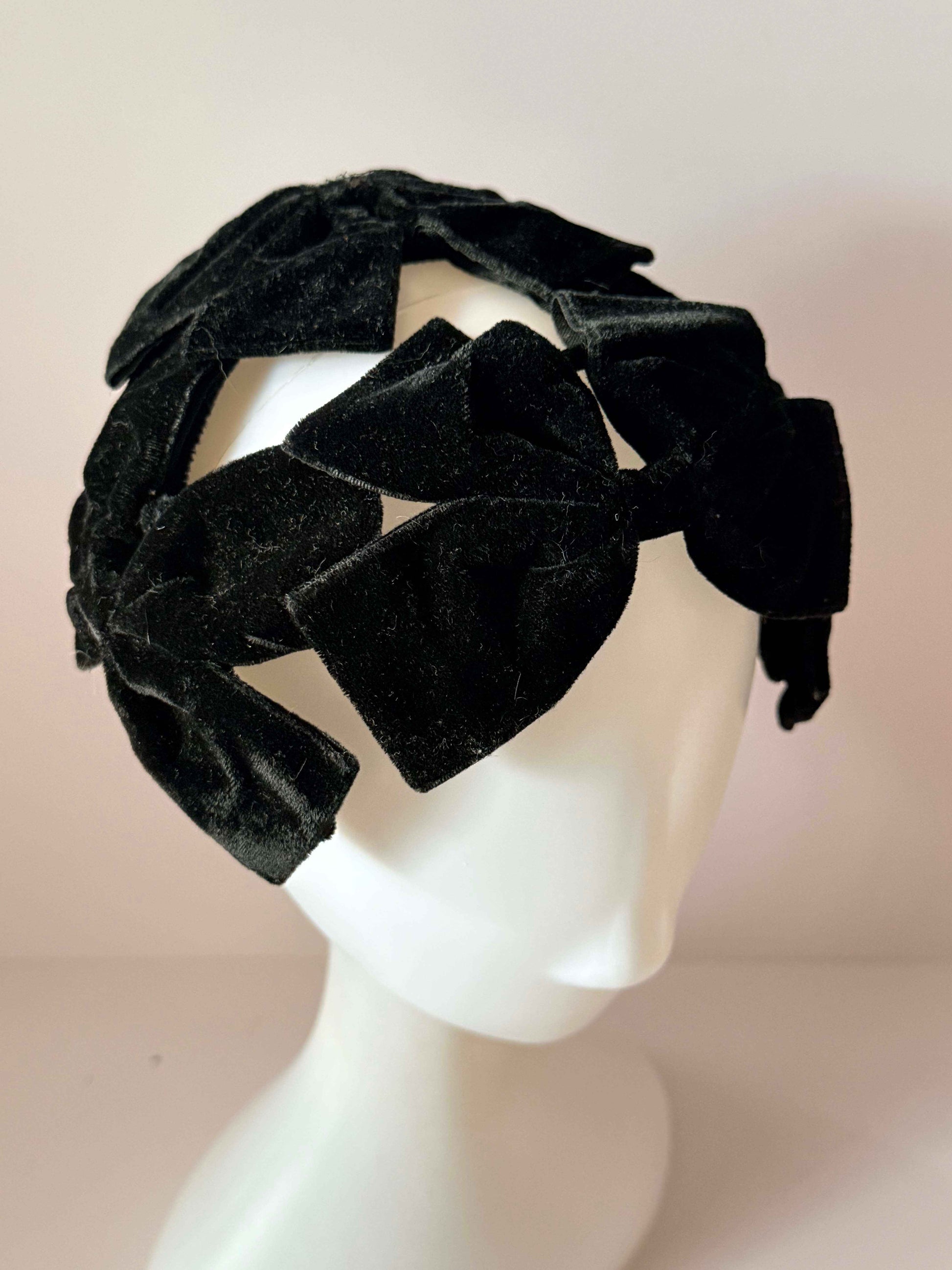 Vintage Black Velvet Bow Hat | 1950s Cocktail Hat | Sculptural Open Crown Halo Hat | Avant Garde Millinery | Evening Hat | Ginger and Tonic