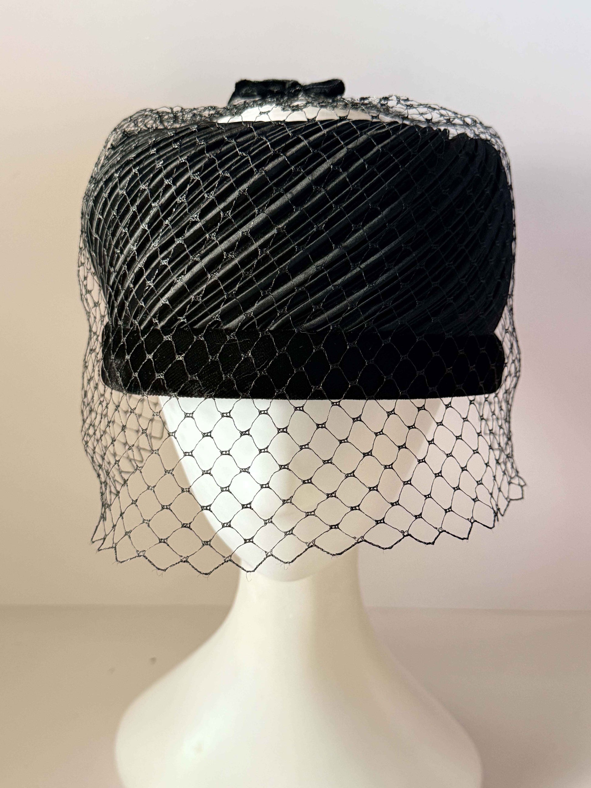 Vintage Black Satin Halo Hat with Birdcage Veil | 1950s Cocktail Halo Hat | Draped Satin Fascinator | Old Hollywood Formal Millinery | Vintage Evening Hat