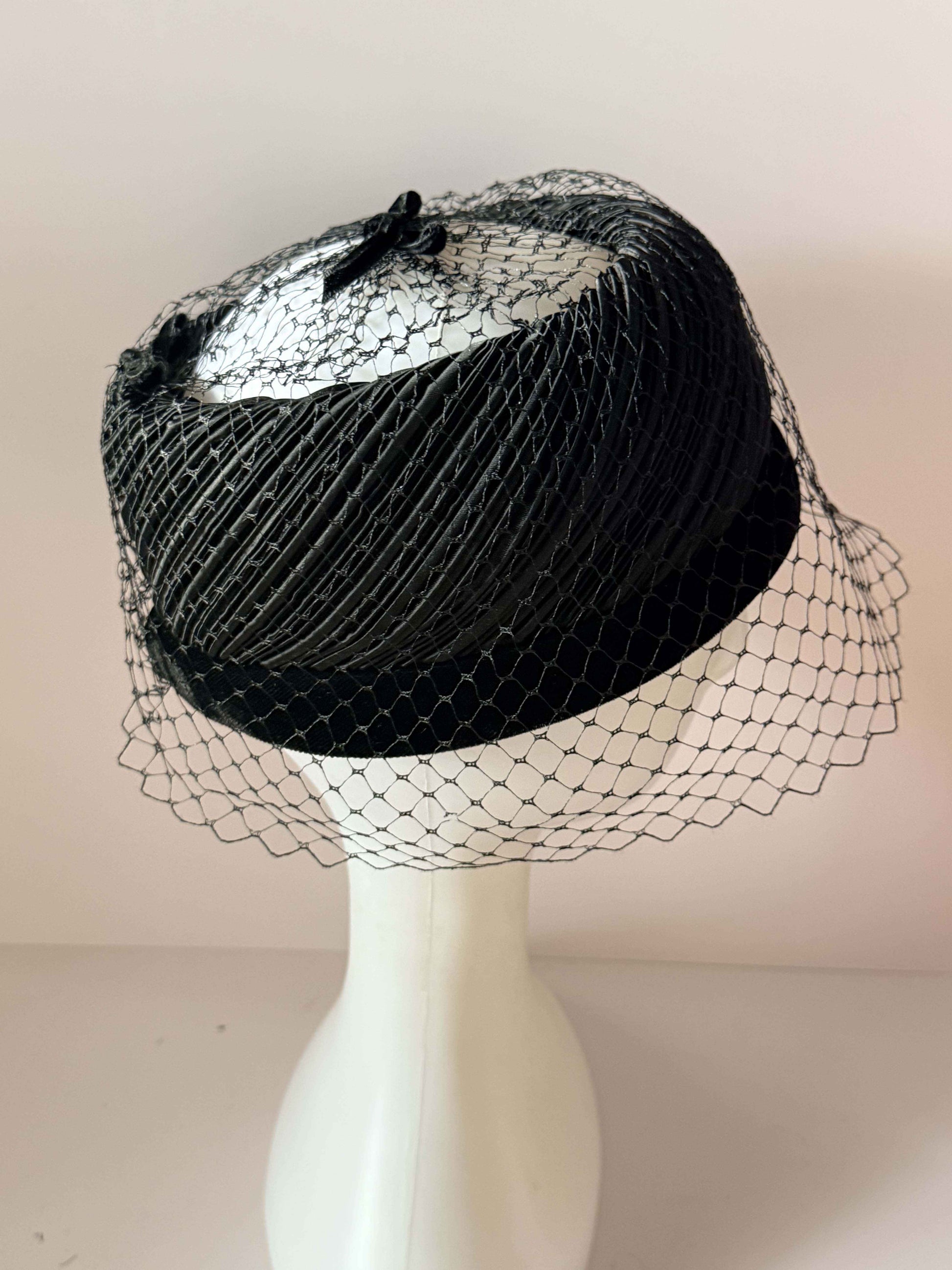 Vintage Black Satin Halo Hat with Birdcage Veil | 1950s Cocktail Halo Hat | Draped Satin Fascinator | Old Hollywood Formal Millinery | Vintage Evening Hat