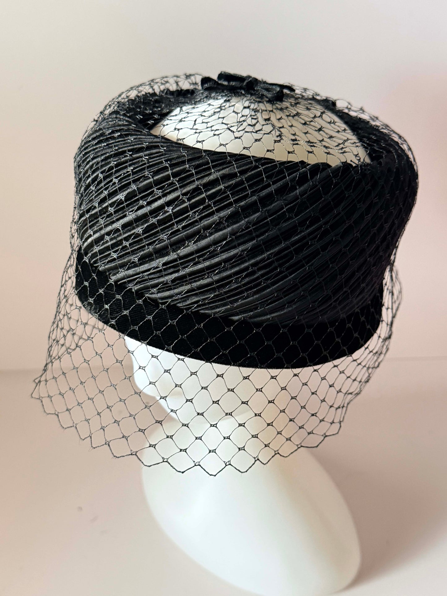 Vintage Black Satin Halo Hat with Birdcage Veil | 1950s Cocktail Halo Hat | Draped Satin Fascinator | Old Hollywood Formal Millinery | Vintage Evening Hat
