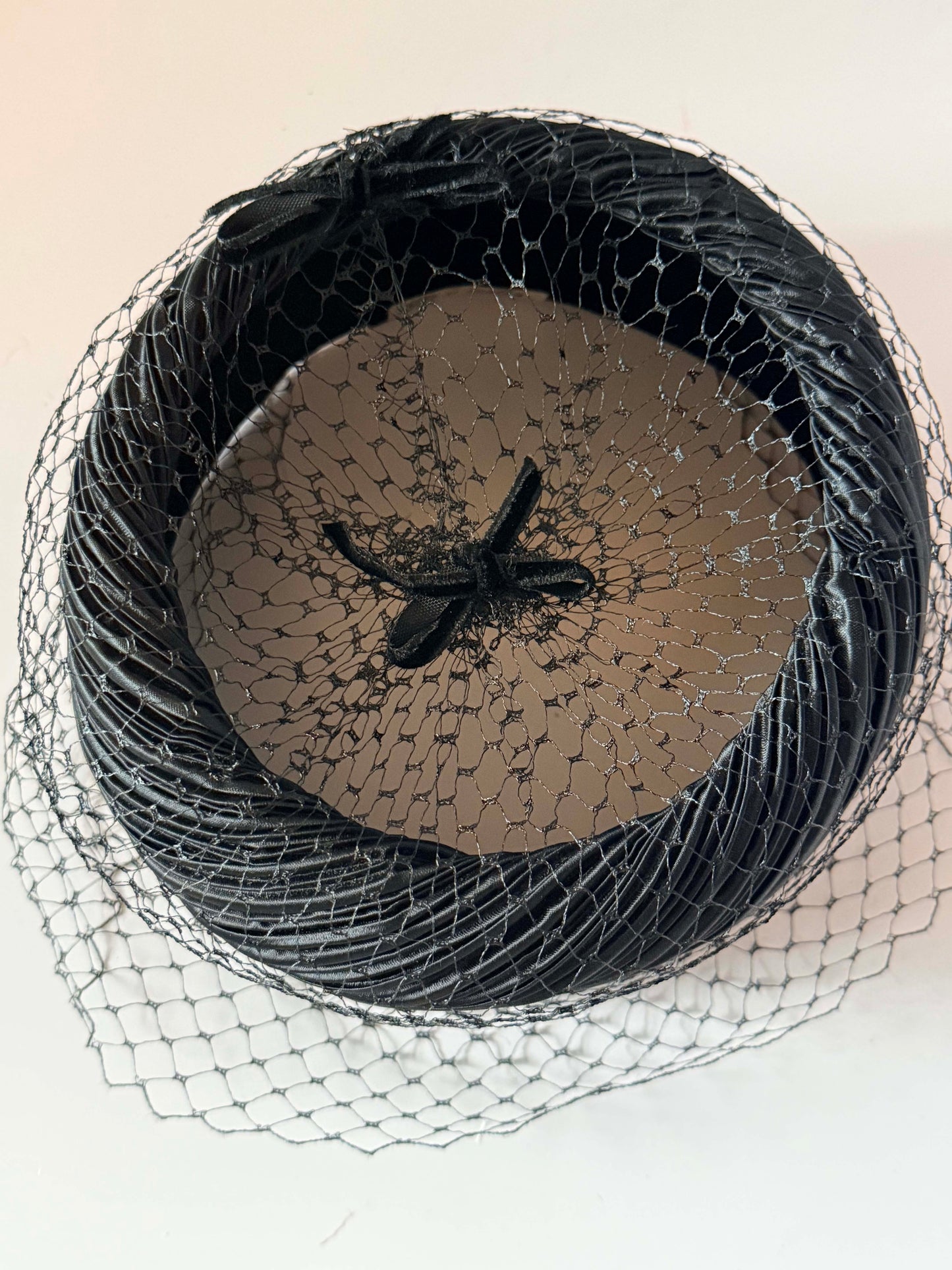 Vintage Black Satin Halo Hat with Birdcage Veil | 1950s Cocktail Halo Hat | Draped Satin Fascinator | Old Hollywood Formal Millinery | Vintage Evening Hat