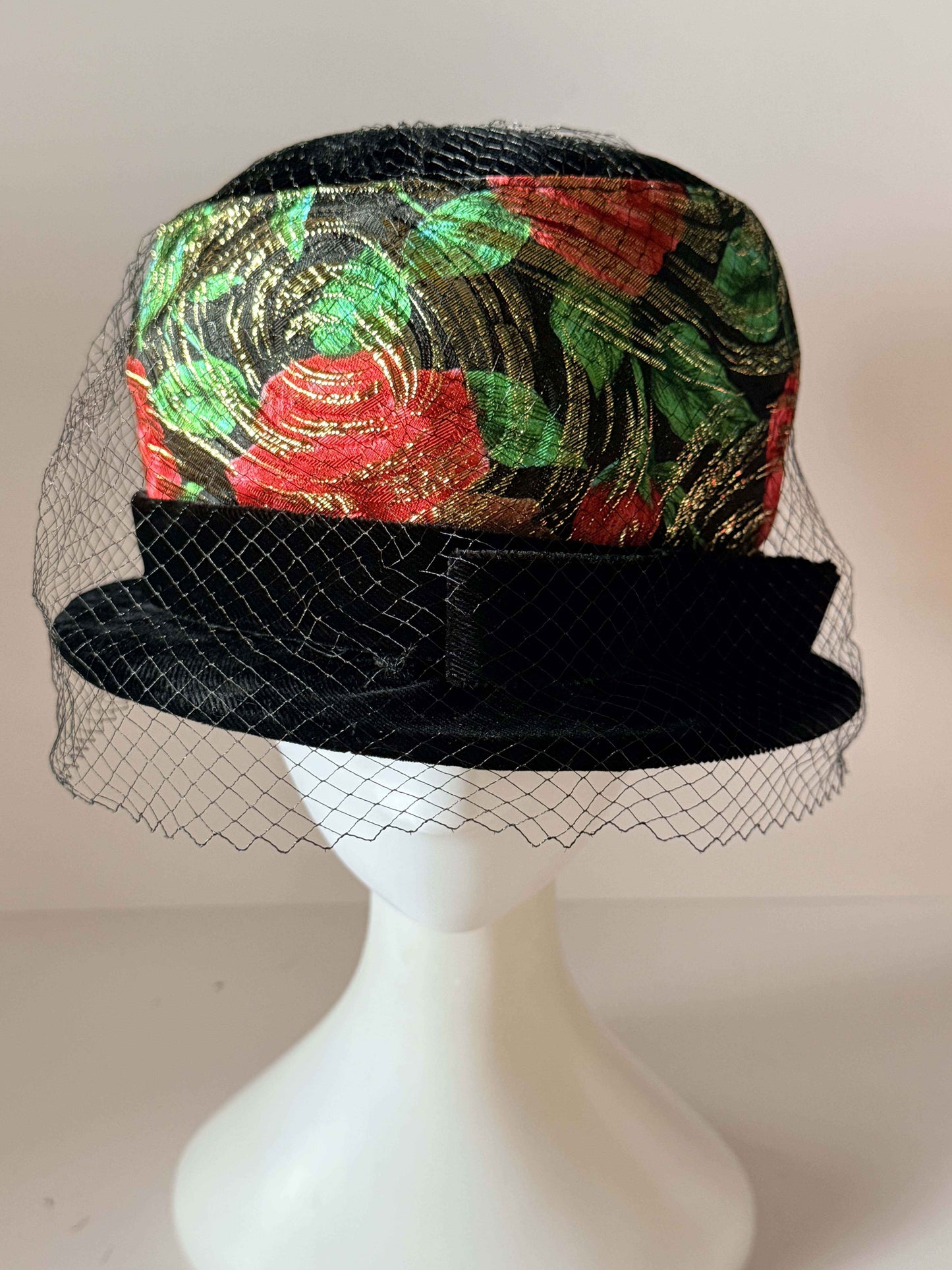 Vintage Black Velvet Floral Cocktail Hat | Veiled 1960s Pillbox Hat | Red Rose Brocade | Women's Vintage Millinery | Holiday Hat