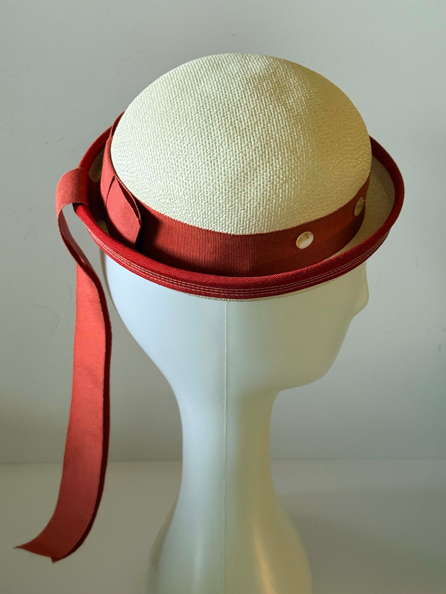Vintage 1960s Cream Straw Breton Boater Hat with Rust Red Ribbon and Mother of Pearl Studs
