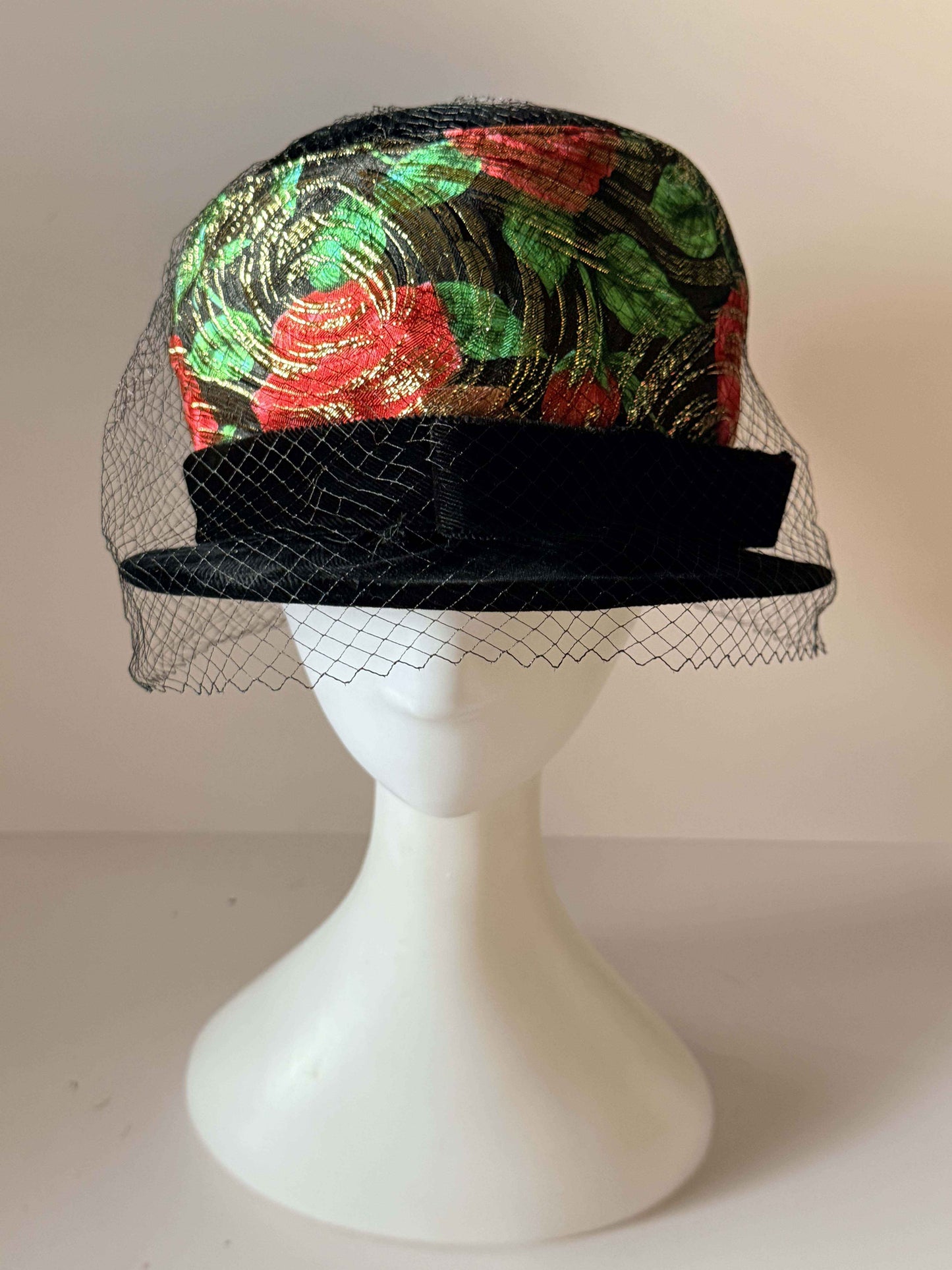 Vintage Black Velvet Floral Cocktail Hat | Veiled 1960s Pillbox Hat | Red Rose Brocade | Women's Vintage Millinery | Holiday Hat