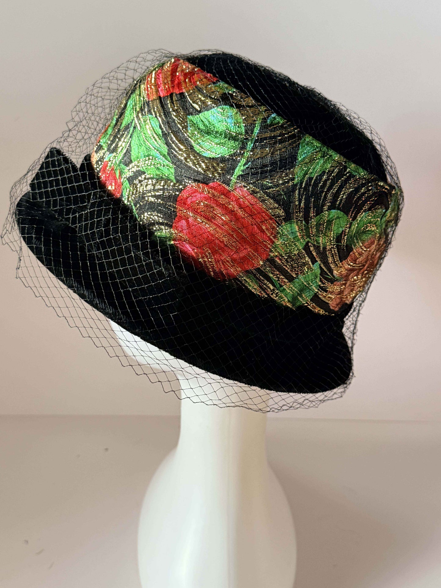 Vintage Black Velvet Floral Cocktail Hat | Veiled 1960s Pillbox Hat | Red Rose Brocade | Women's Vintage Millinery | Holiday Hat