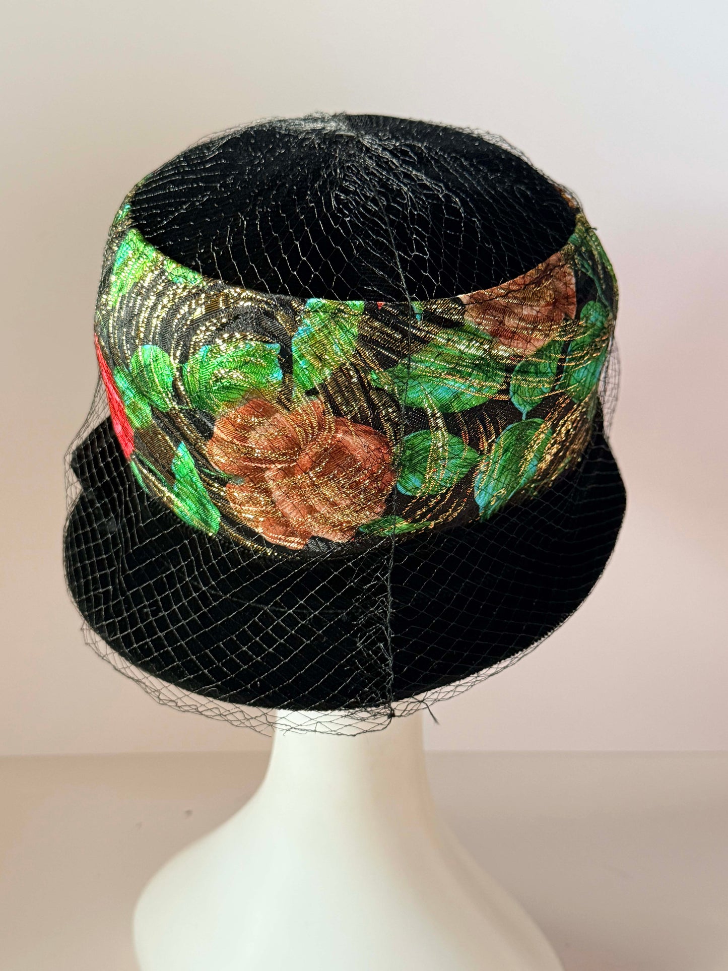 Vintage Black Velvet Floral Cocktail Hat | Veiled 1960s Pillbox Hat | Red Rose Brocade | Women's Vintage Millinery | Holiday Hat