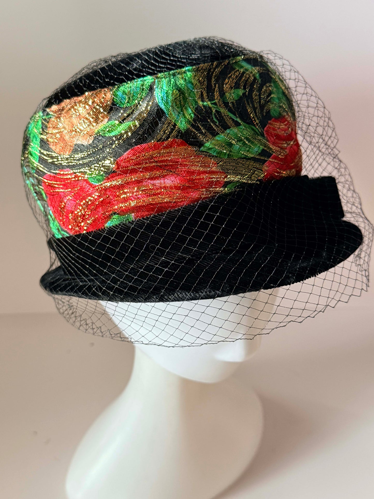 Vintage Black Velvet Floral Cocktail Hat | Veiled 1960s Pillbox Hat | Red Rose Brocade | Women's Vintage Millinery | Holiday Hat