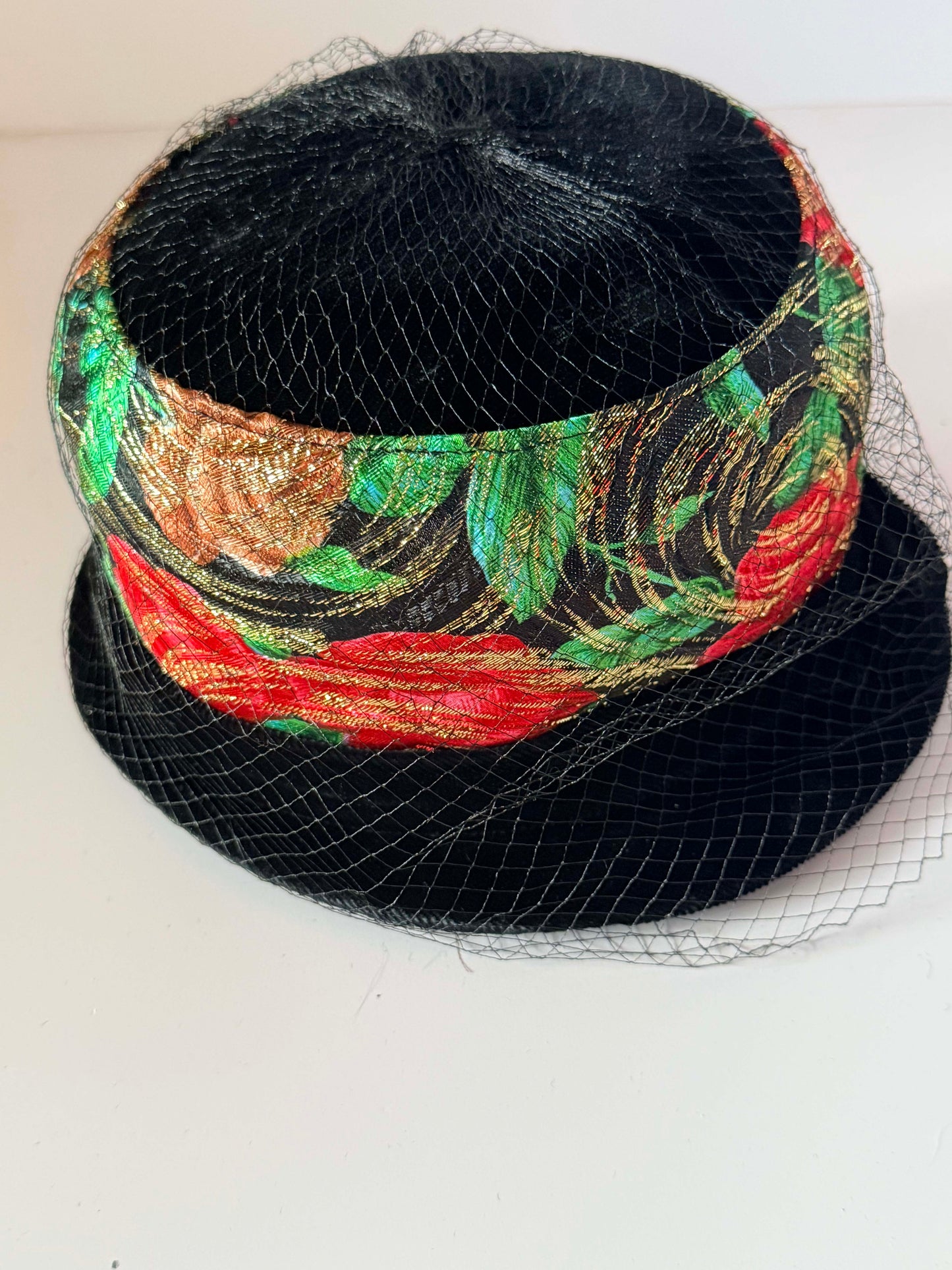 Vintage Black Velvet Floral Cocktail Hat | Veiled 1960s Pillbox Hat | Red Rose Brocade | Women's Vintage Millinery | Holiday Hat