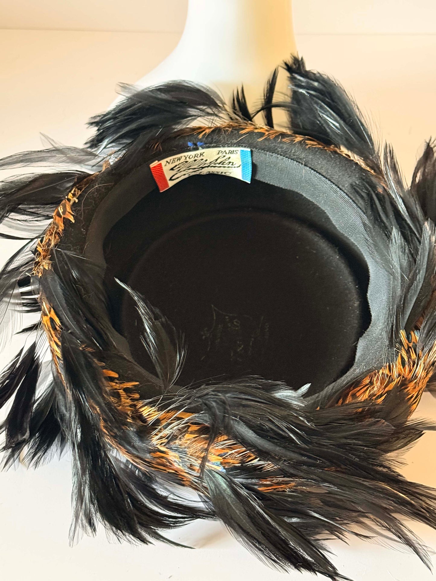 Vintage Mr. John Classic Feather Statement Hat – New York Paris Black & Pheasant Feather Designer Hat