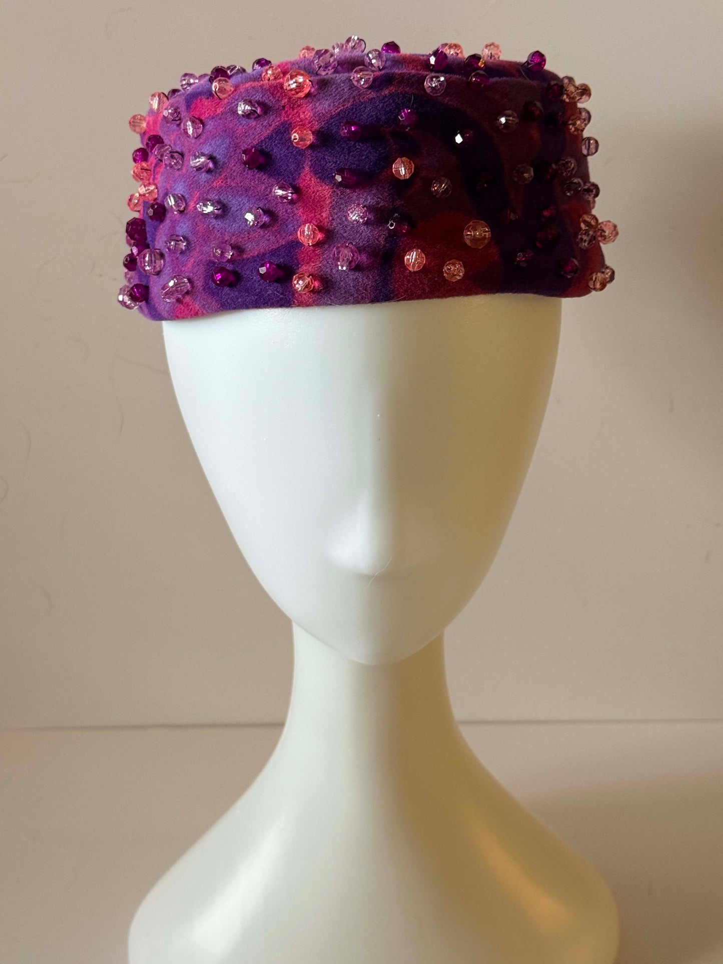 Vintage 1960s Miss Sally Victor New York Beaded Pillbox Hat – Purple and Pink Felt Hat
