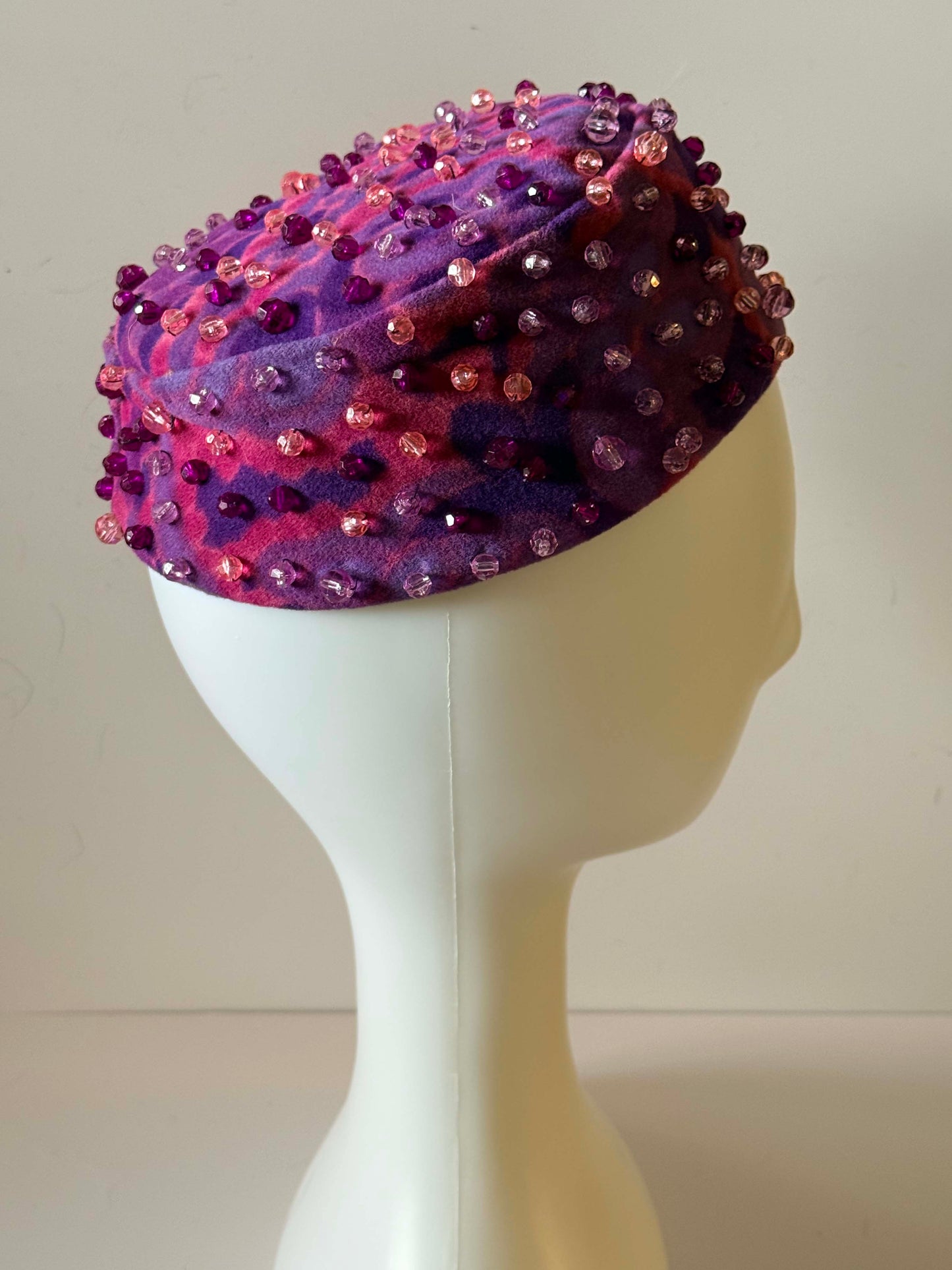 Vintage 1960s Miss Sally Victor New York Beaded Pillbox Hat – Purple and Pink Felt Hat