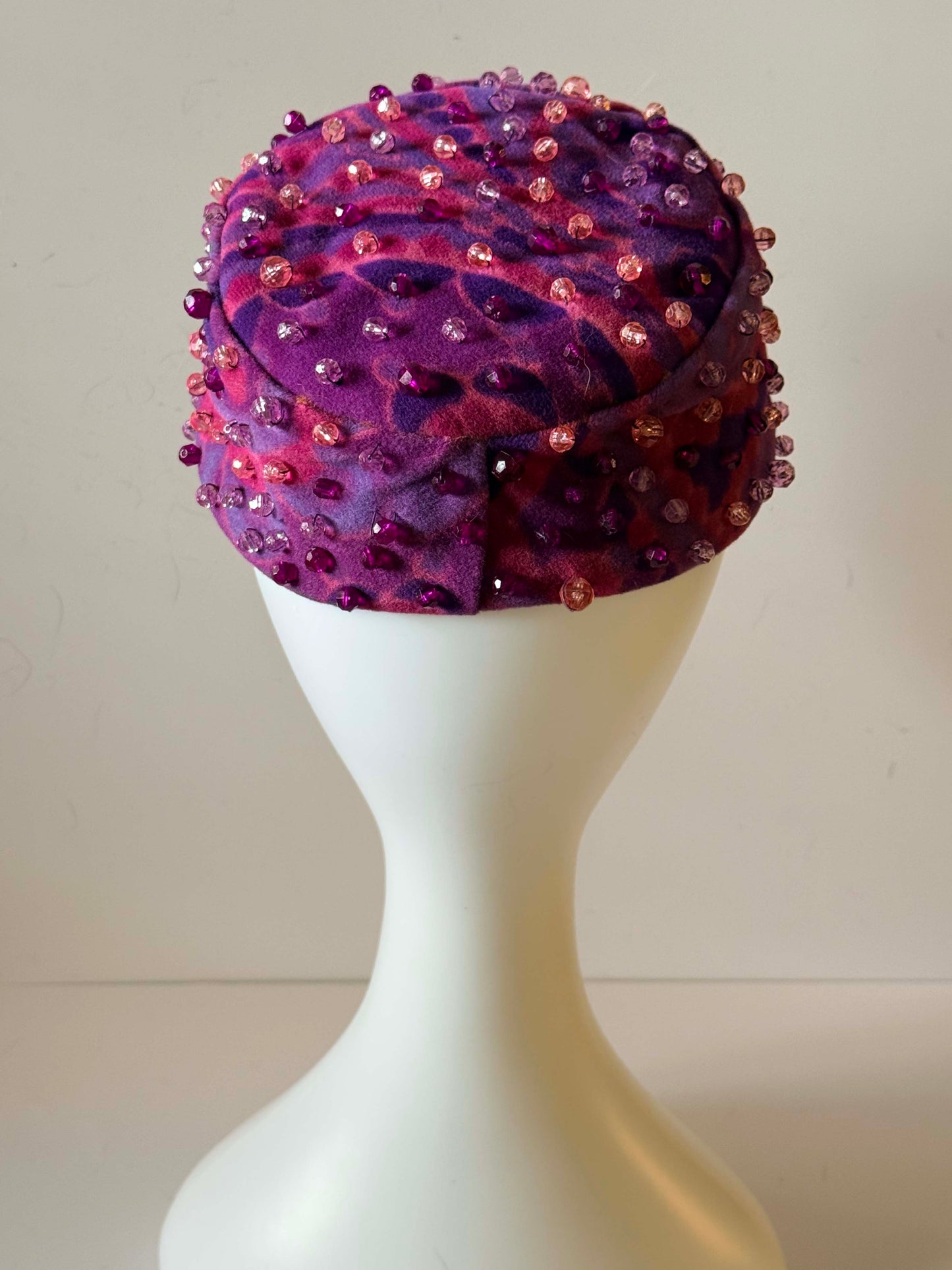 Vintage 1960s Miss Sally Victor New York Beaded Pillbox Hat – Purple and Pink Felt Hat