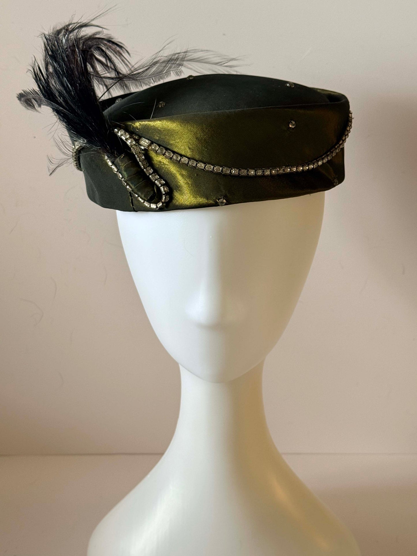 Vintage 1950s Olive Green Satin Pillbox Hat – Rhinestone Trim & Feather Mid-Century Evening Hat