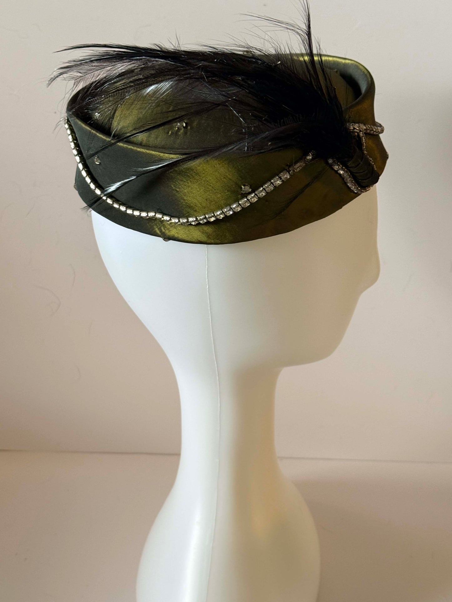 Vintage 1950s Olive Green Satin Pillbox Hat – Rhinestone Trim & Feather Mid-Century Evening Hat