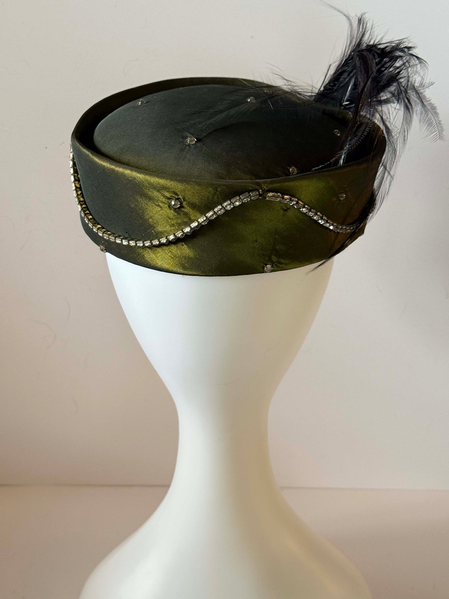 Vintage 1950s Olive Green Satin Pillbox Hat – Rhinestone Trim & Feather Mid-Century Evening Hat