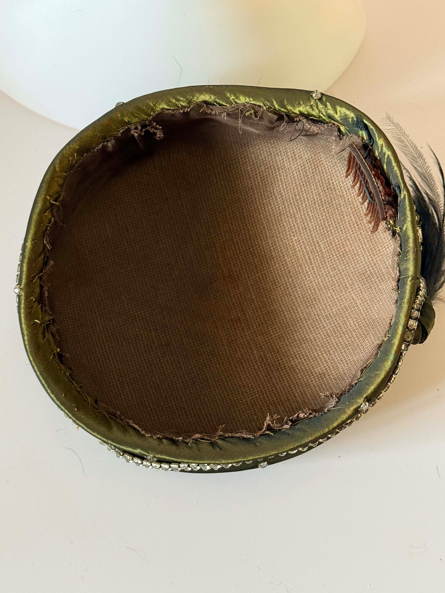 Vintage 1950s Olive Green Satin Pillbox Hat – Rhinestone Trim & Feather Mid-Century Evening Hat