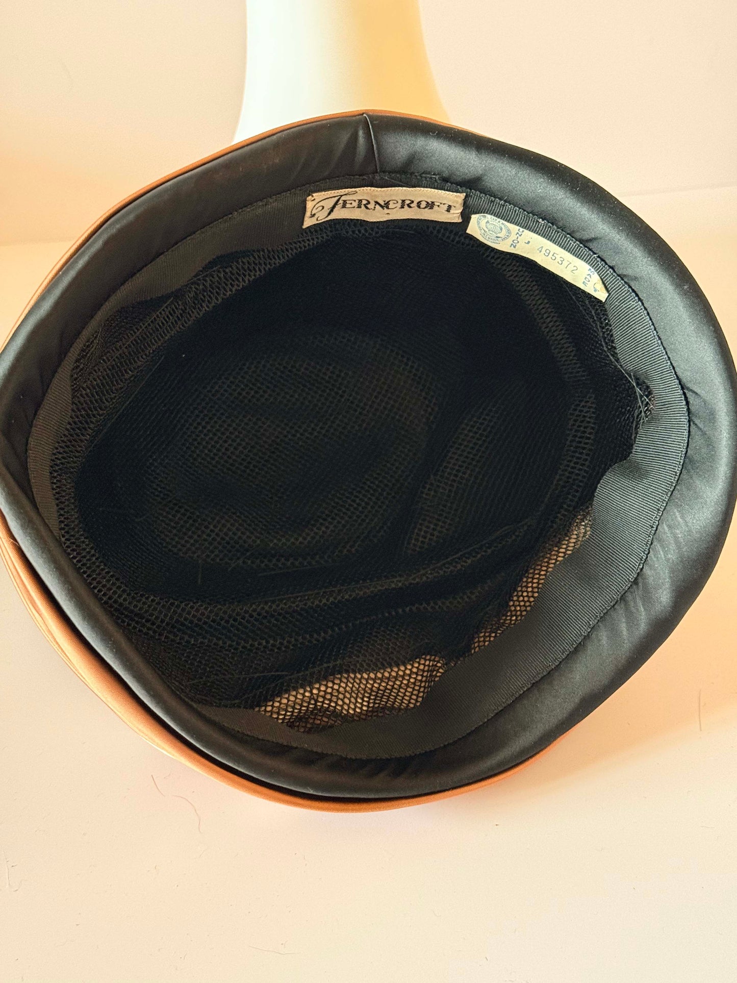 Vintage 1960s Ferncroft Satin Turban Hat – Black, Champagne & Bronze Draped Cloche Hat with Rhinestone Brooch