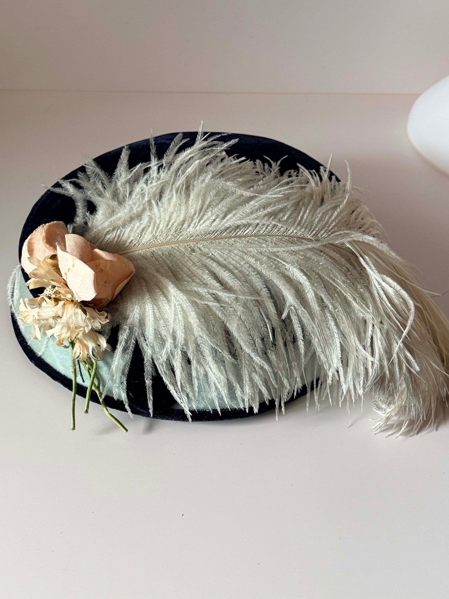 Vintage Suzy et Paulette Feather Hat | Navy Velvet Tilt Hat | Ostrich Feather Derby Hat | Paris Chicago Designer Millinery | 1950s Fascinator