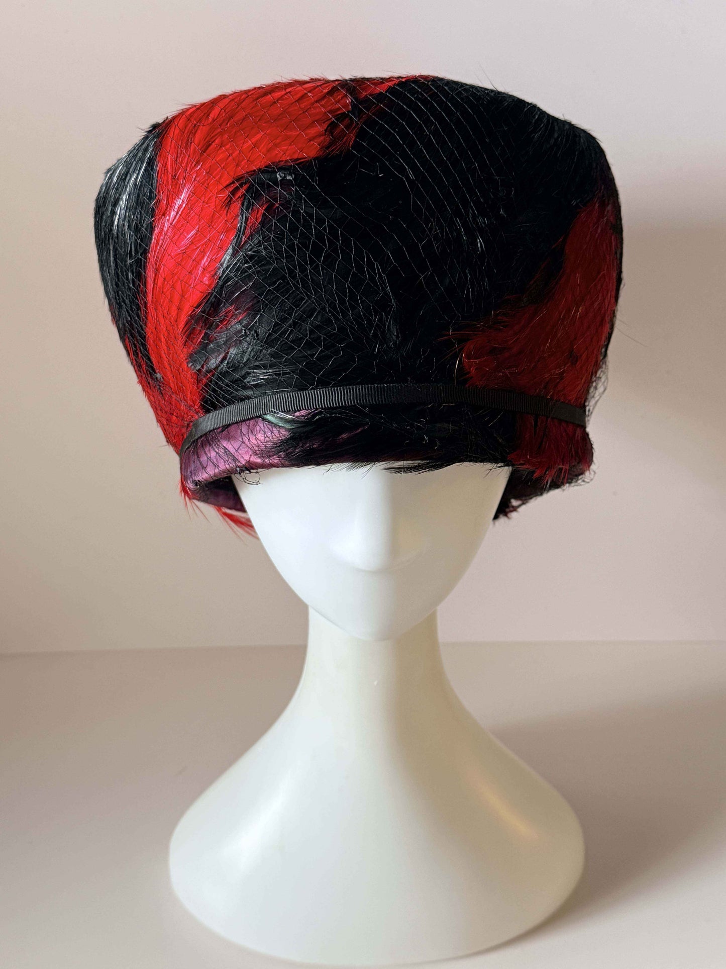 Vintage Edna Handmade Red &amp; Black Feather Toque Hat | 1960s Pillbox Hat | Feather Cocktail Hat | Mid Century Statement Millinery | Designer Vintage Hat
