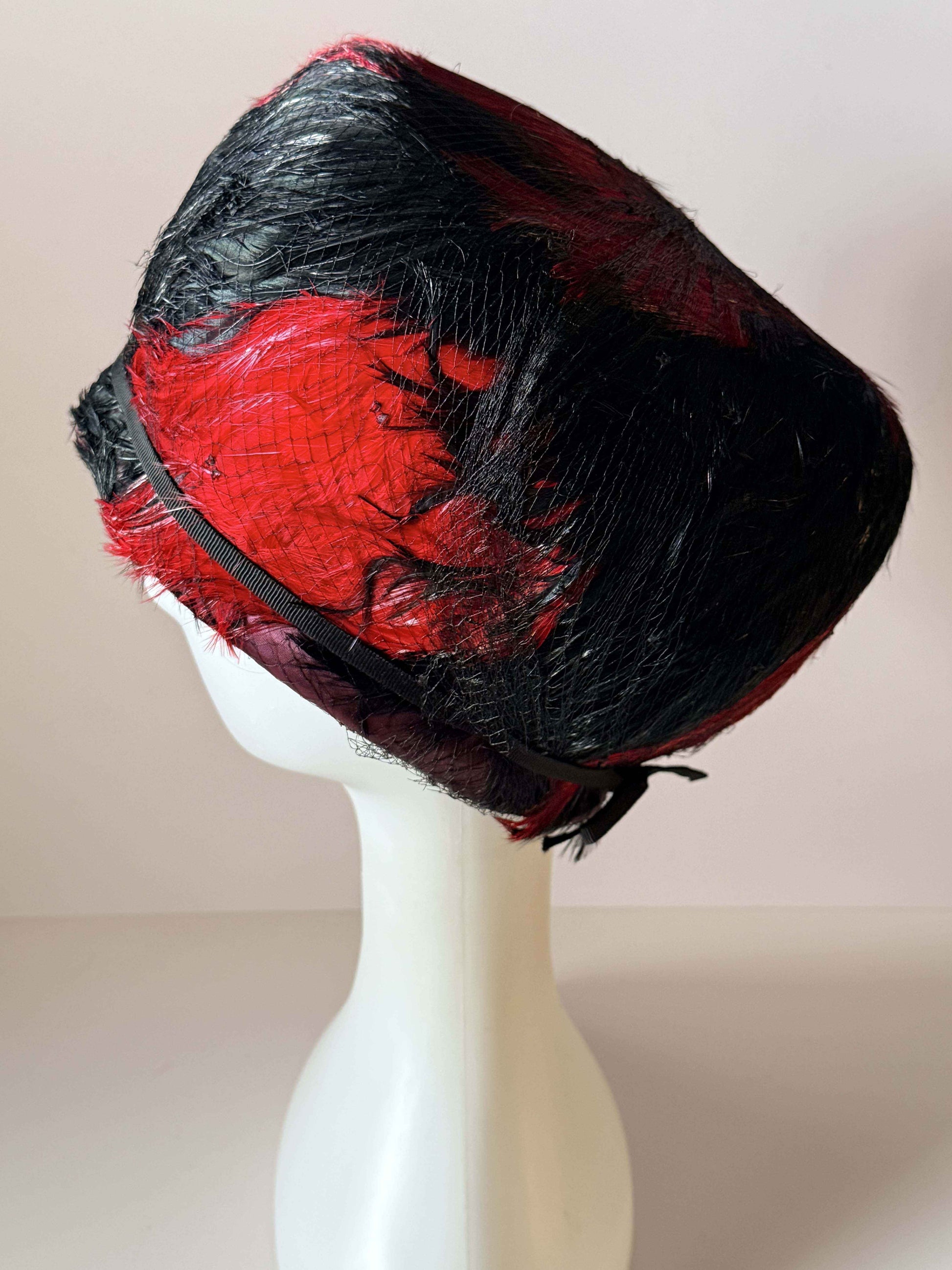 Vintage Edna Handmade Red &amp; Black Feather Toque Hat | 1960s Pillbox Hat | Feather Cocktail Hat | Mid Century Statement Millinery | Designer Vintage Hat