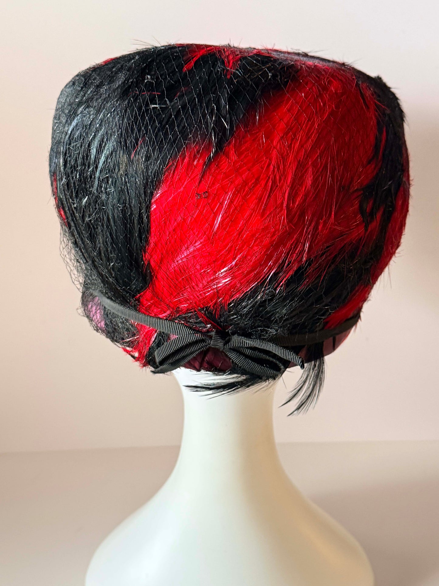 Vintage Edna Handmade Red &amp; Black Feather Toque Hat | 1960s Pillbox Hat | Feather Cocktail Hat | Mid Century Statement Millinery | Designer Vintage Hat
