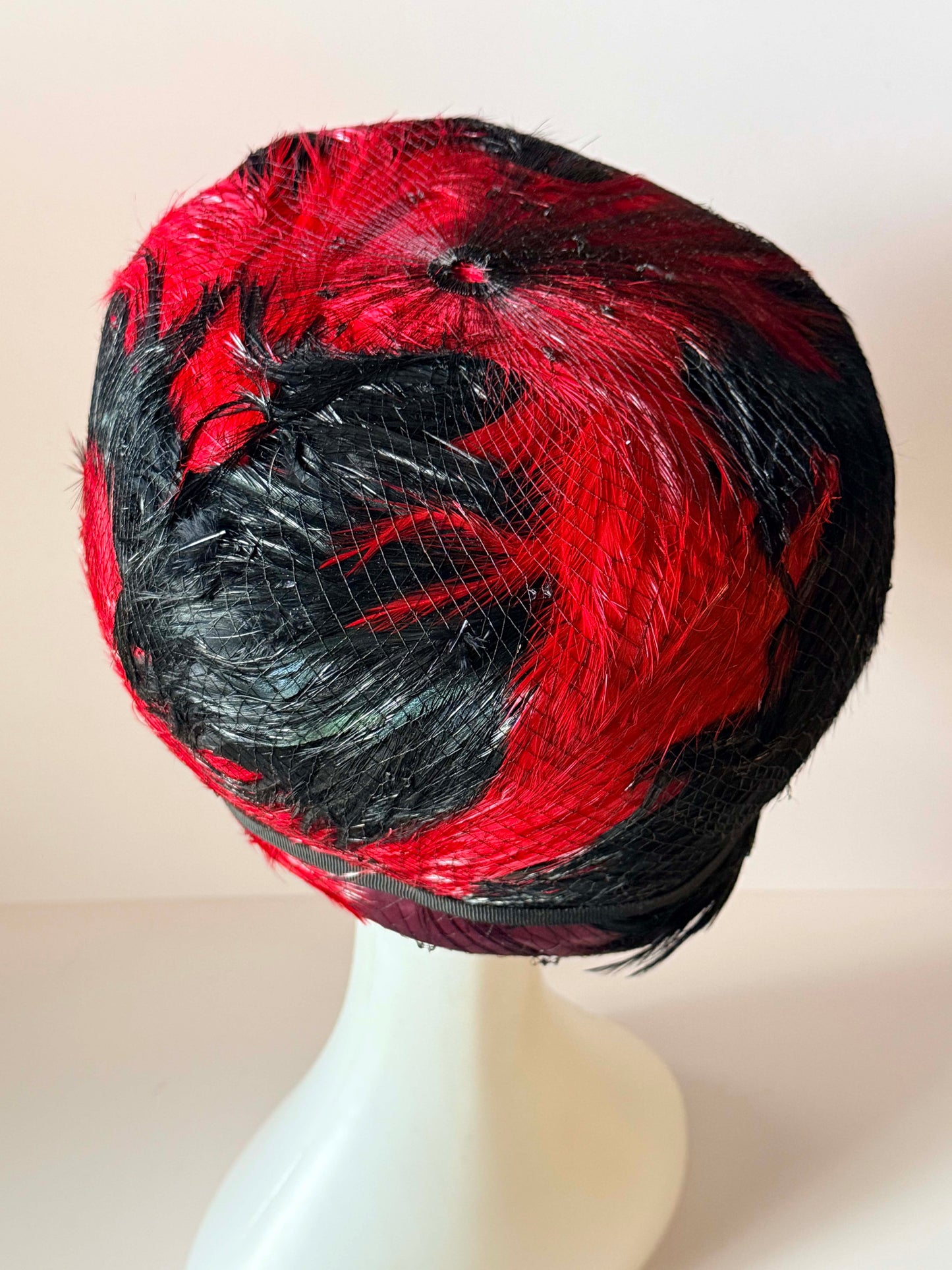 Vintage Edna Handmade Red &amp; Black Feather Toque Hat | 1960s Pillbox Hat | Feather Cocktail Hat | Mid Century Statement Millinery | Designer Vintage Hat