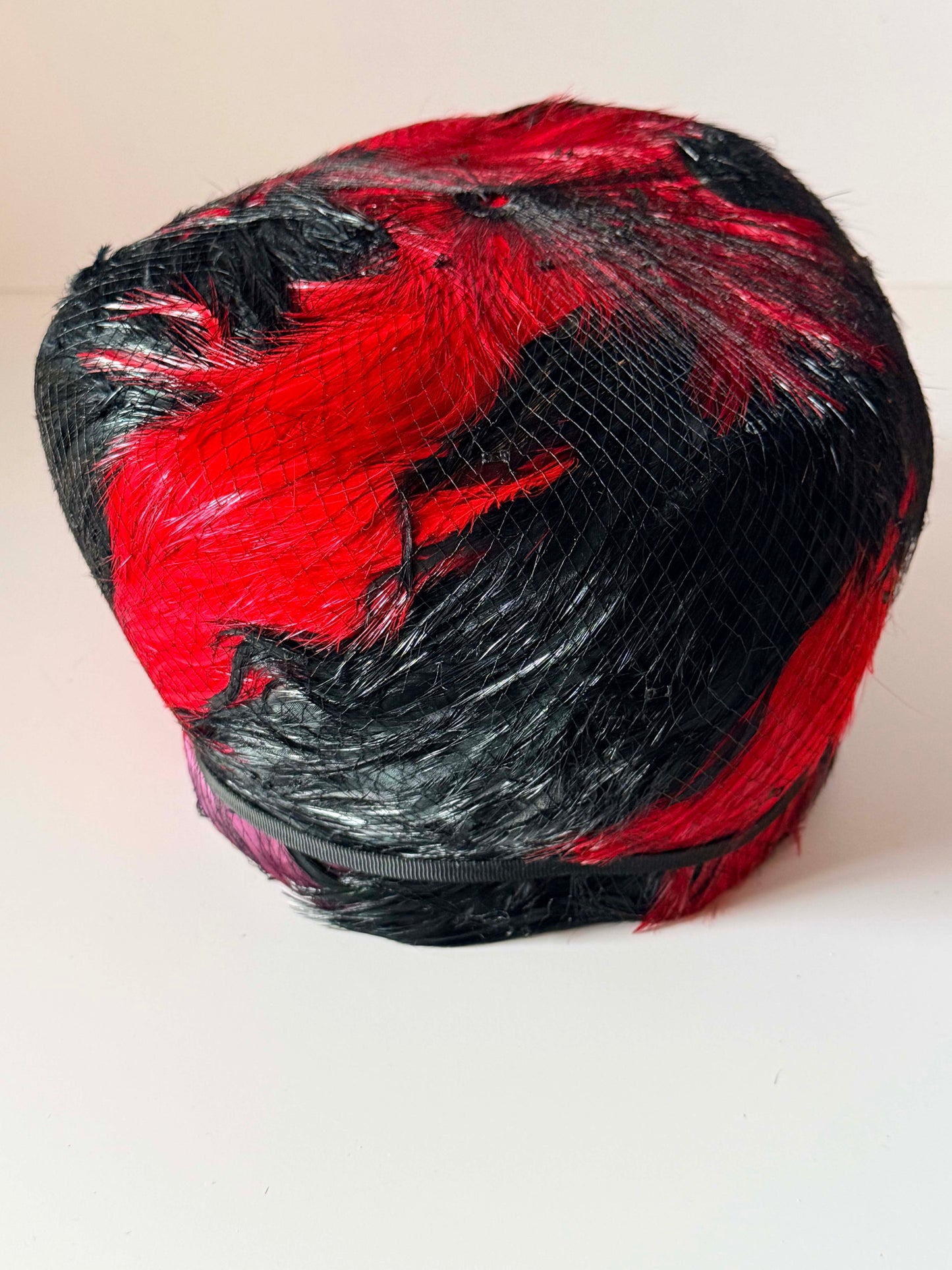 Vintage Edna Handmade Red &amp; Black Feather Toque Hat | 1960s Pillbox Hat | Feather Cocktail Hat | Mid Century Statement Millinery | Designer Vintage Hat