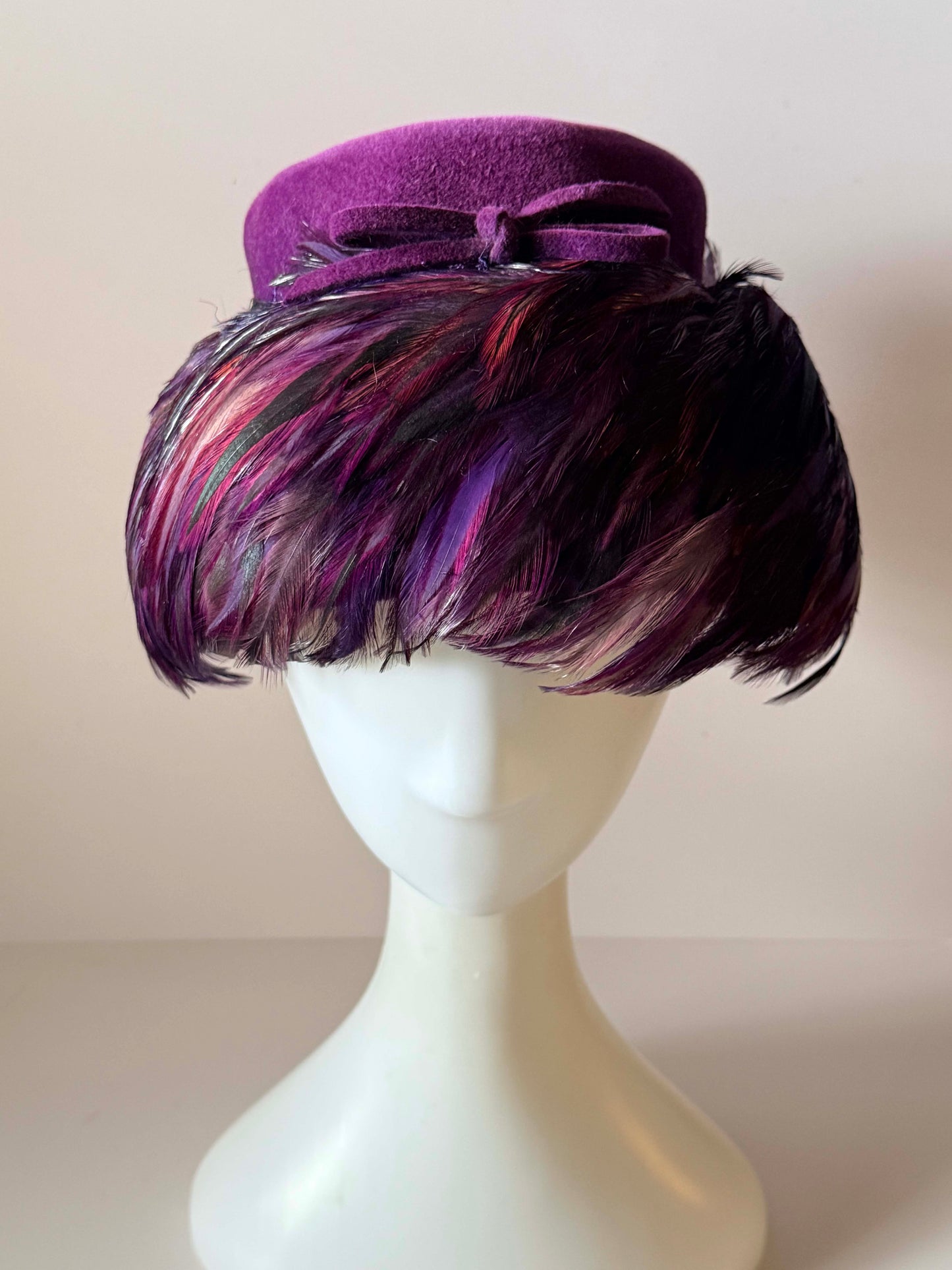 Vintage Pinehurst Feather Cocktail Hat | Fifth Avenue New York | Plum Purple Feather Pillbox Hat | Designer 1950s Hat | Denver Dry Goods Exclusive