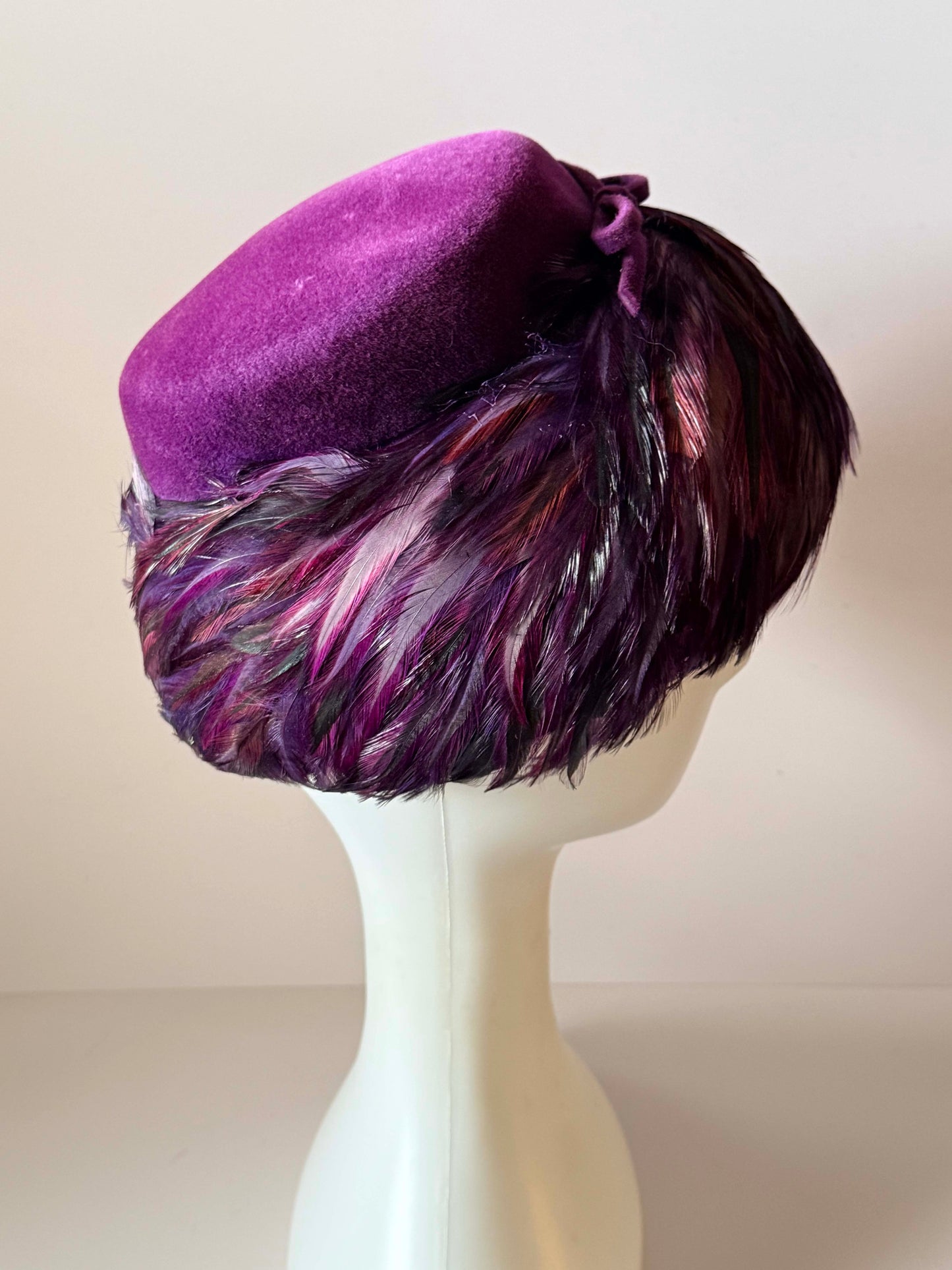 Vintage Pinehurst Feather Cocktail Hat | Fifth Avenue New York | Plum Purple Feather Pillbox Hat | Designer 1950s Hat | Denver Dry Goods Exclusive