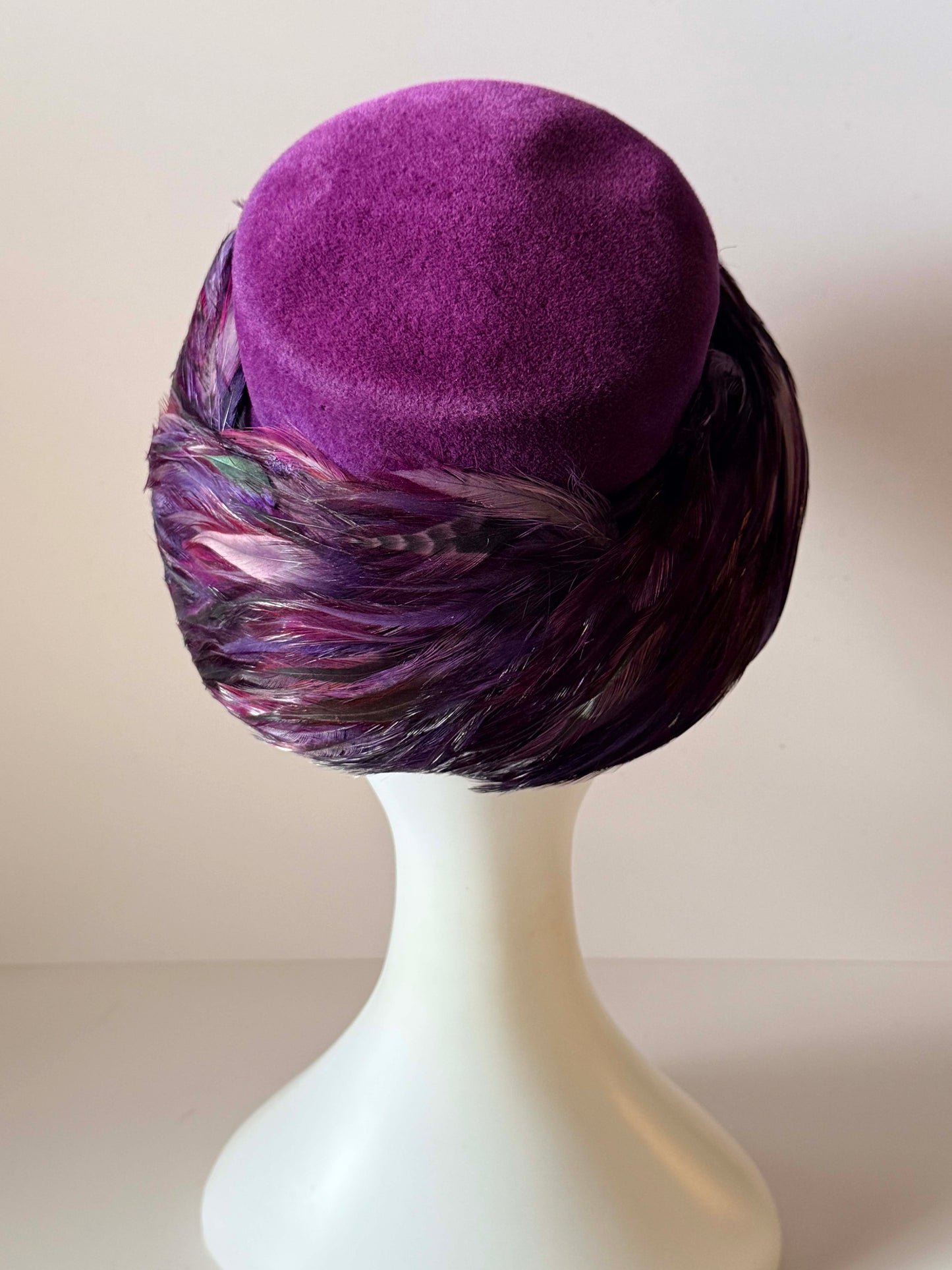 Vintage Pinehurst Feather Cocktail Hat | Fifth Avenue New York | Plum Purple Feather Pillbox Hat | Designer 1950s Hat | Denver Dry Goods Exclusive