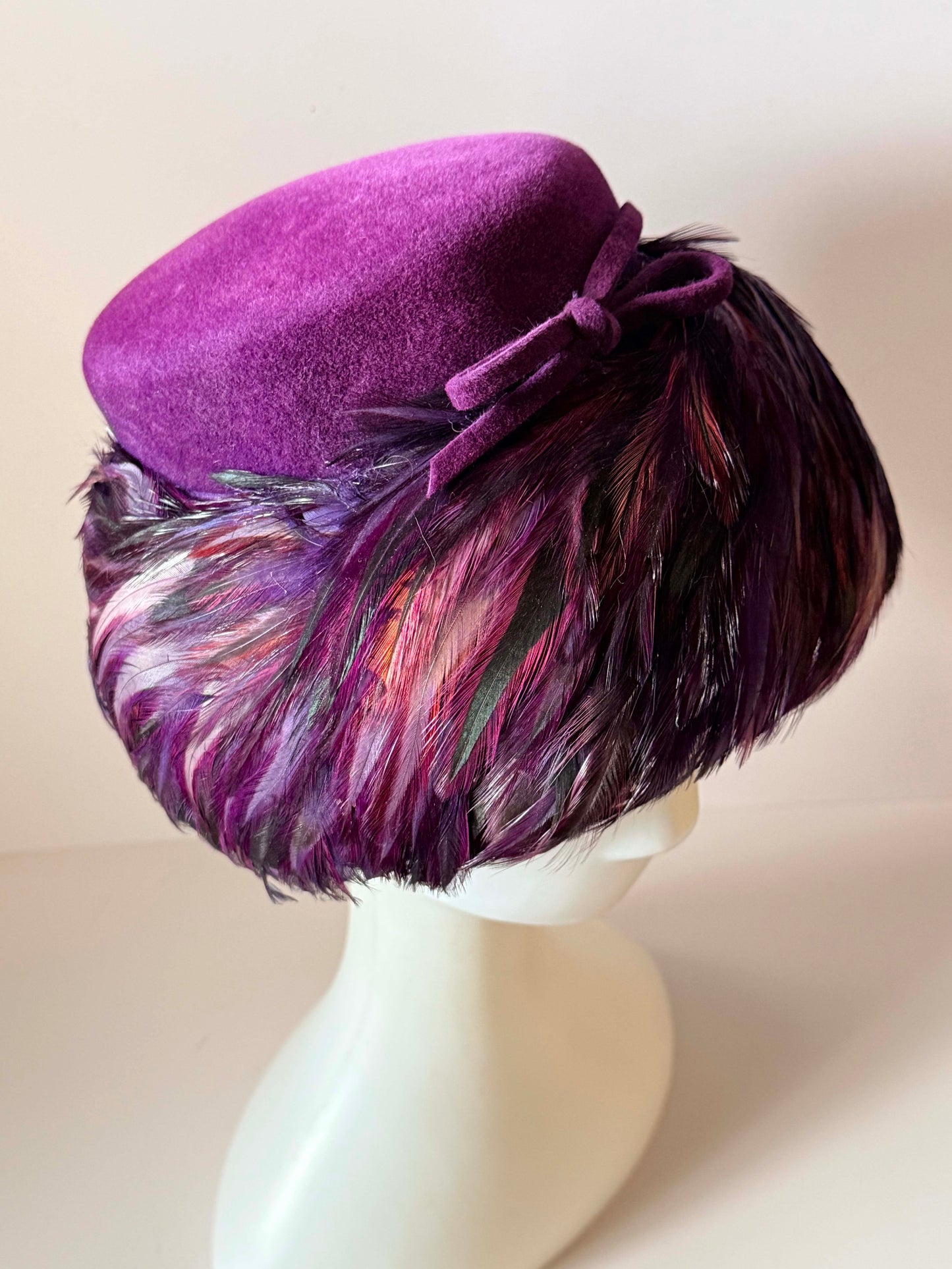 Vintage Pinehurst Feather Cocktail Hat | Fifth Avenue New York | Plum Purple Feather Pillbox Hat | Designer 1950s Hat | Denver Dry Goods Exclusive