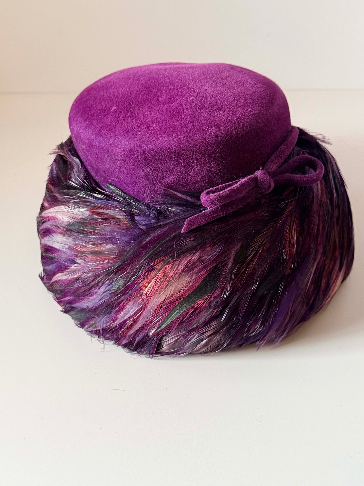 Vintage Pinehurst Feather Cocktail Hat | Fifth Avenue New York | Plum Purple Feather Pillbox Hat | Designer 1950s Hat | Denver Dry Goods Exclusive