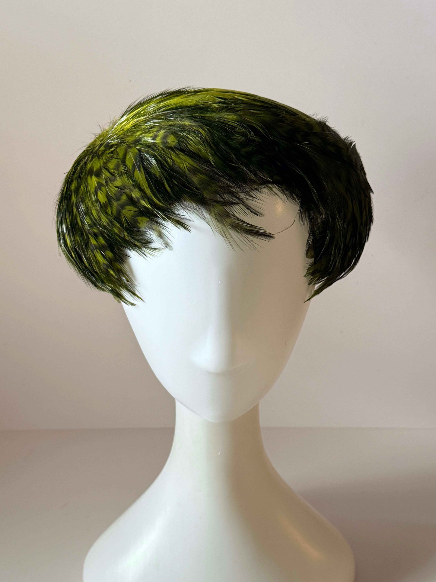 Vintage Olive Green Feather Fascinator | 1950s Half Hat | Green Feather Cocktail Hat | Mid Century Open Crown Hat | Vintage Millinery