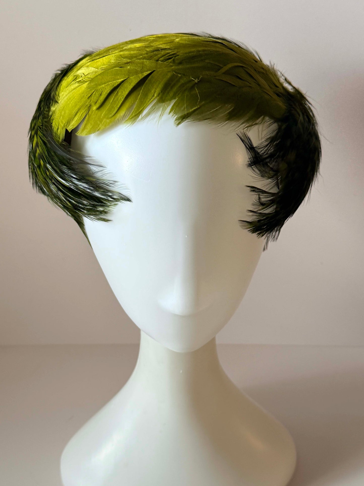 Vintage Olive Green Feather Fascinator | 1950s Half Hat | Green Feather Cocktail Hat | Mid Century Open Crown Hat | Vintage Millinery