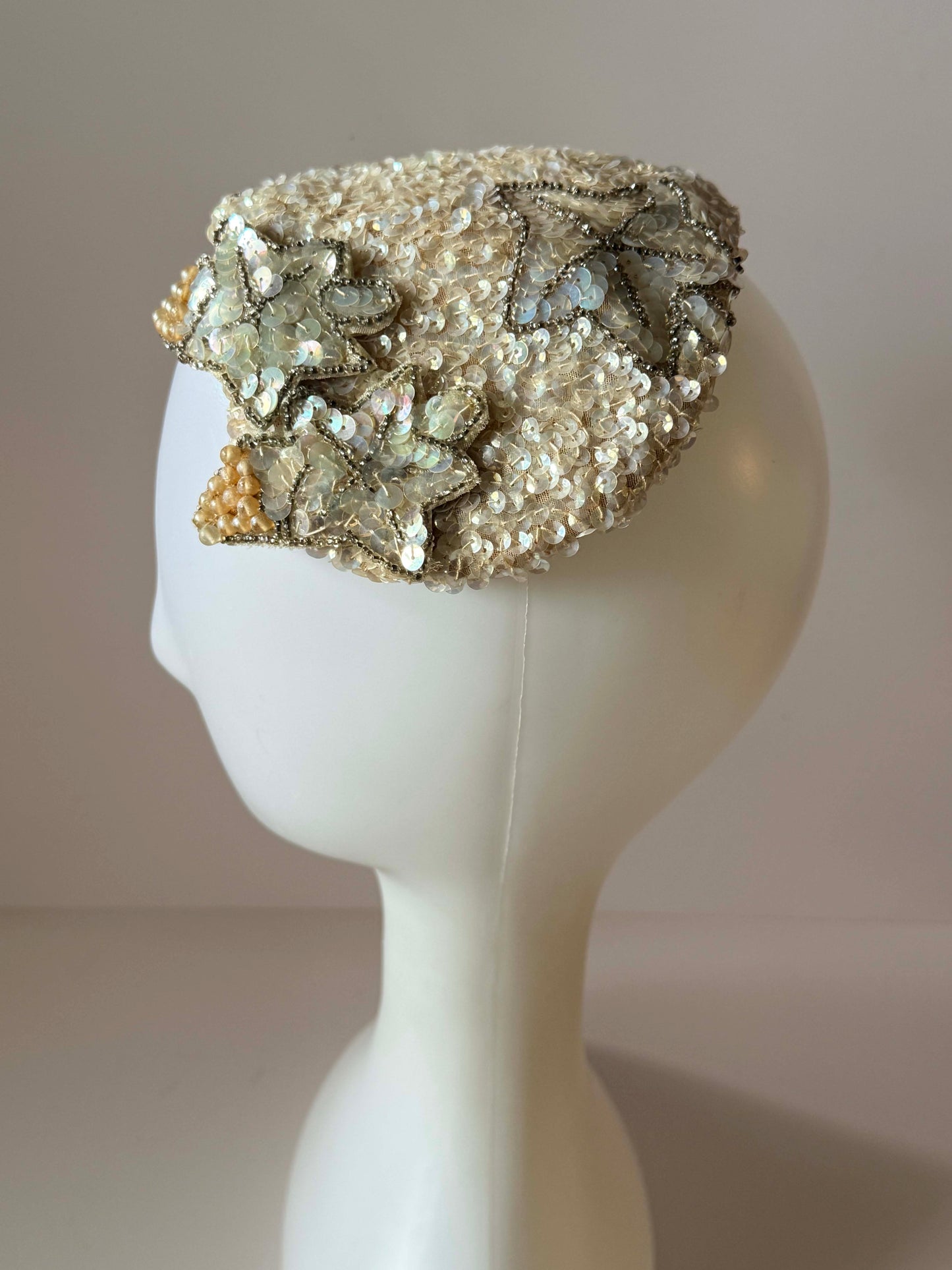 Vintage Ivory Sequin Half Hat | 1950s Beaded Cocktail Hat | Bridal Evening Hat | Floral Sequin Millinery