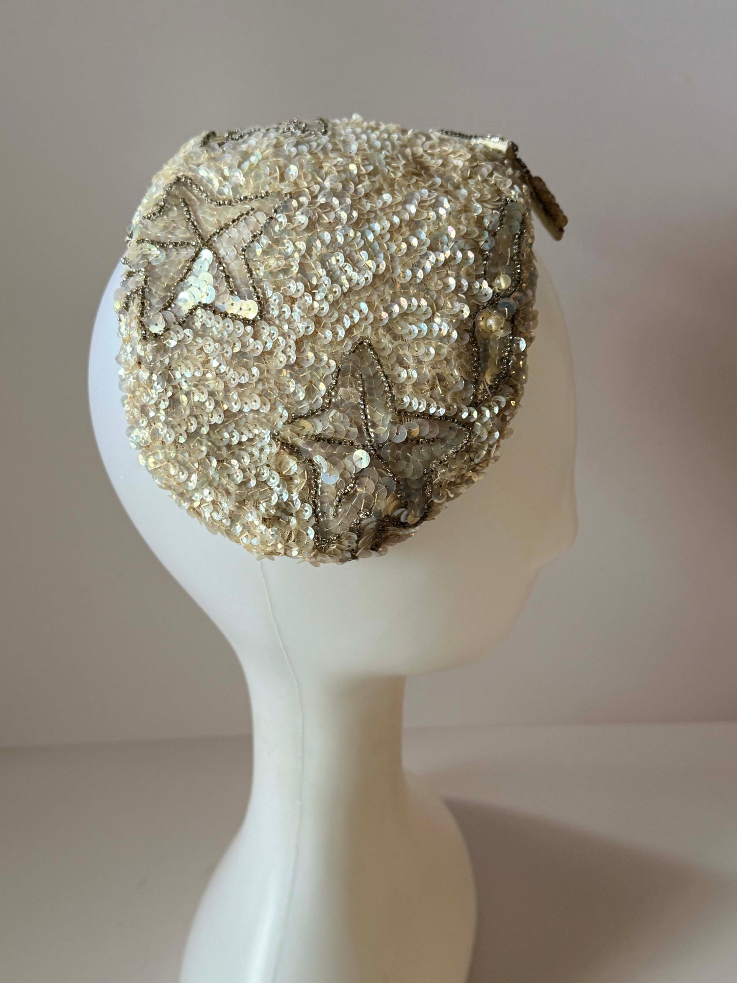 Vintage Ivory Sequin Half Hat | 1950s Beaded Cocktail Hat | Bridal Evening Hat | Floral Sequin Millinery