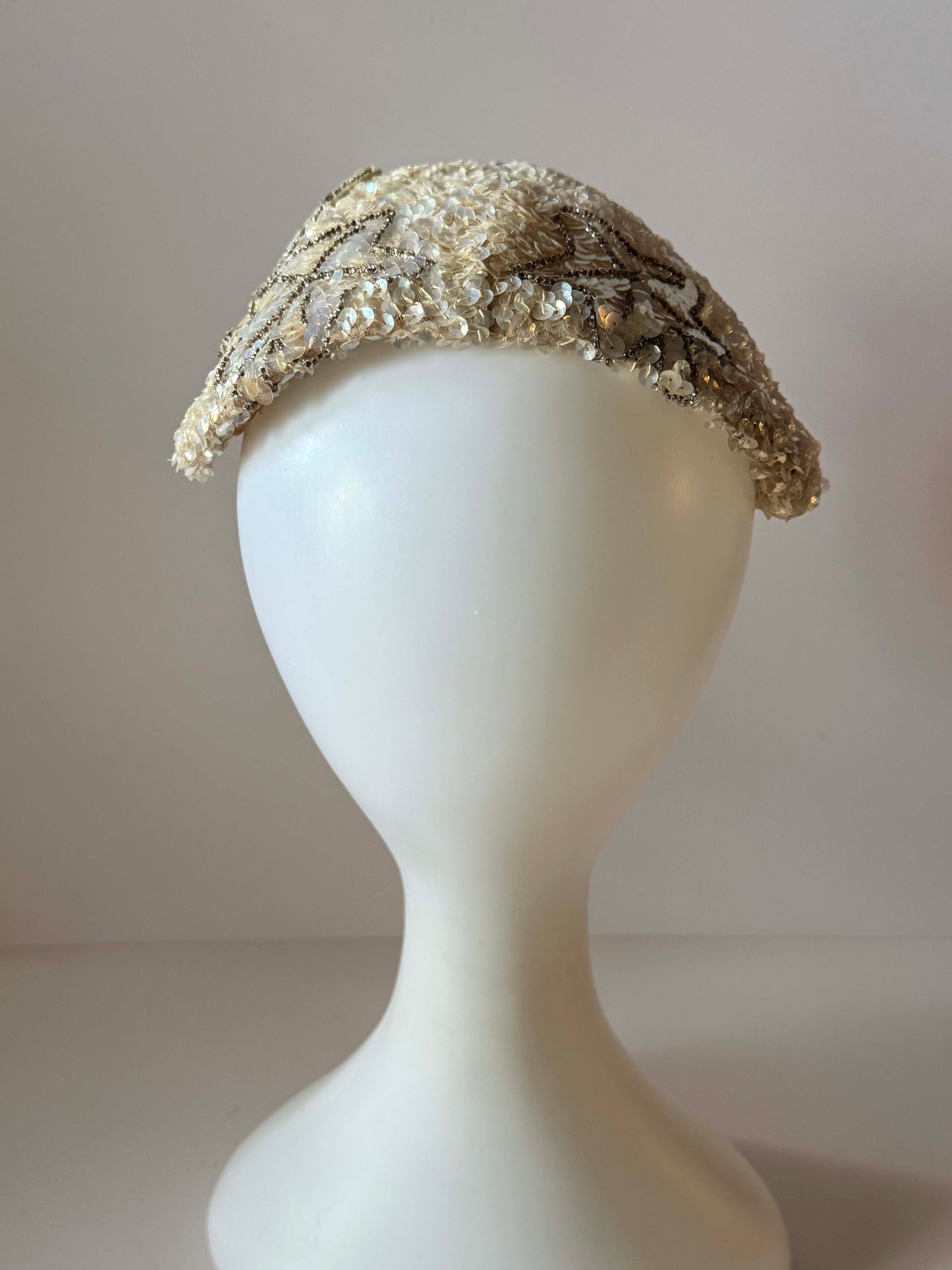 Vintage Ivory Sequin Half Hat | 1950s Beaded Cocktail Hat | Bridal Evening Hat | Floral Sequin Millinery