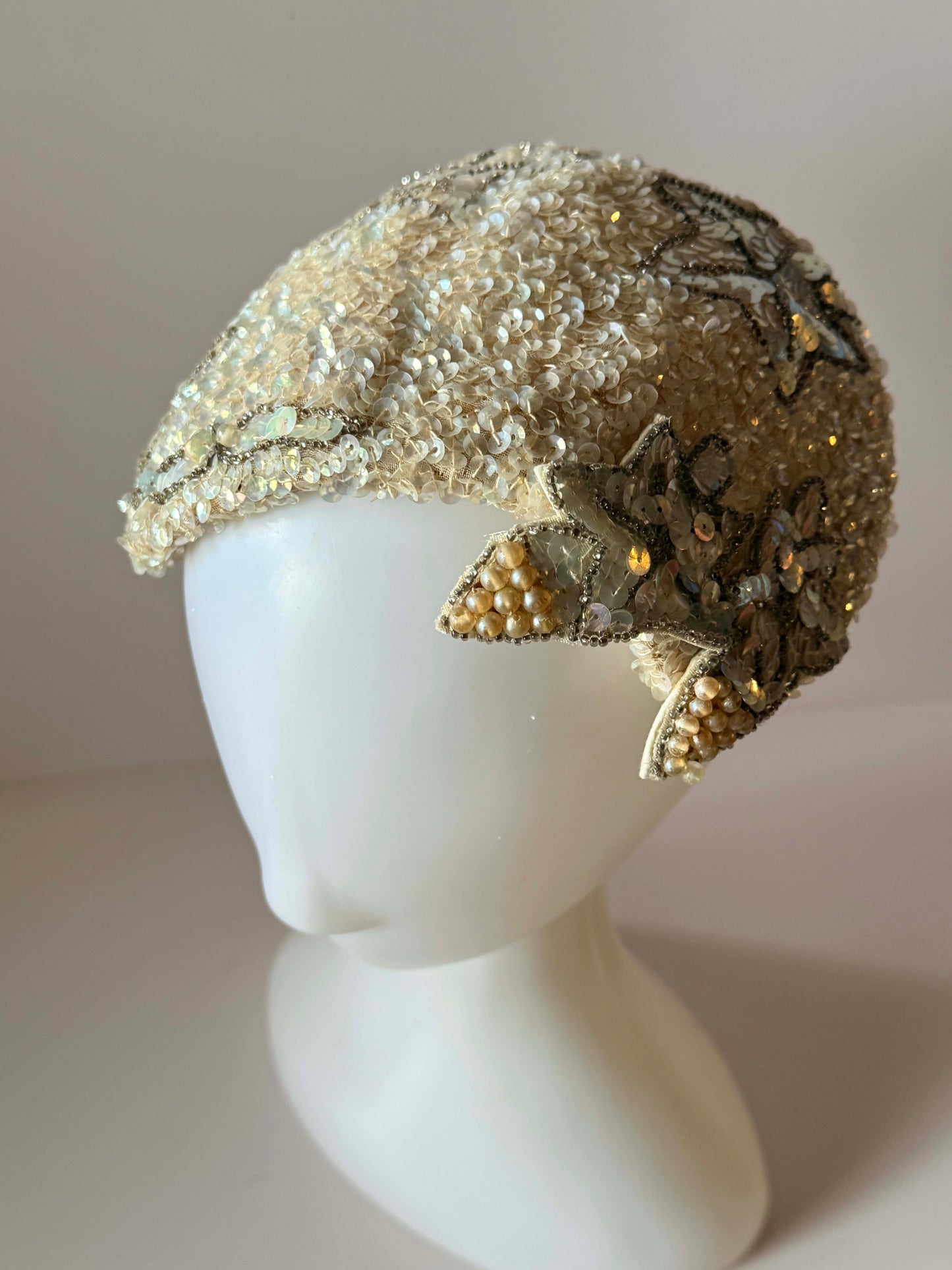 Vintage Ivory Sequin Half Hat | 1950s Beaded Cocktail Hat | Bridal Evening Hat | Floral Sequin Millinery