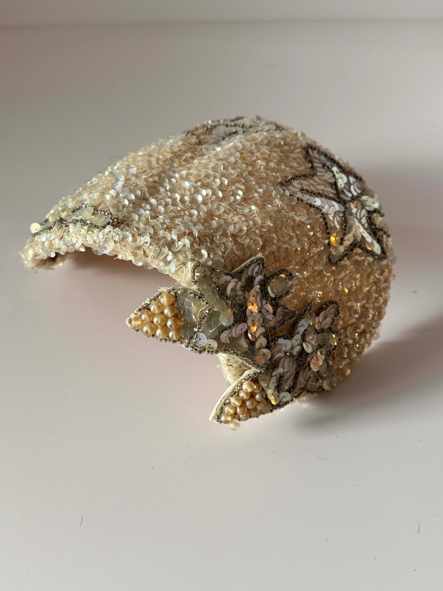 Vintage Ivory Sequin Half Hat | 1950s Beaded Cocktail Hat | Bridal Evening Hat | Floral Sequin Millinery